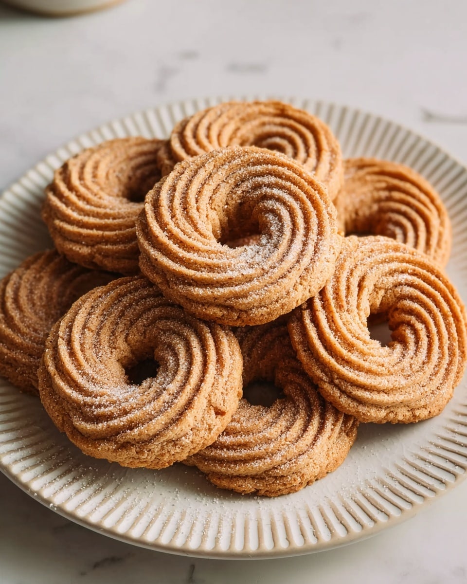 A white plate with a textured rim holds nine round cookies stacked closely together in a single layer. Each cookie is light brown with a ridged spiral pattern, giving them a crumbly texture. The cookies have a circular hole in the middle, resembling a ring shape, and are dusted lightly with a fine powder that enhances their rough surface. The plate sits on a white marbled texture. Photo taken with an iphone --ar 4:5 --v 7