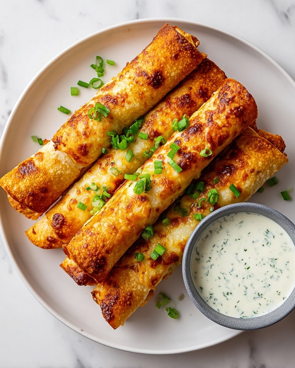 The image shows a white plate with five golden-brown crispy taquitos arranged side by side, slightly overlapping. The taquitos are rolled tightly with a crunchy texture and have darker browned spots on their surface. They are topped with small pieces of bright green chopped scallions, scattered evenly across the rolls. On the right side of the plate, there is a small gray bowl filled with a creamy white dipping sauce that has small green herbs mixed in. The plate is set on a white marbled surface, creating a clean and bright look. photo taken with an iphone --ar 4:5 --v 7