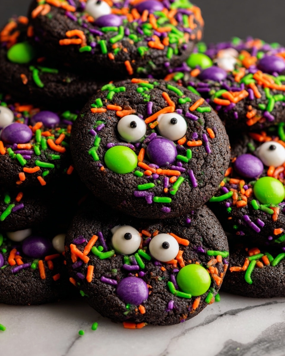 The image shows a pile of dark chocolate cookies, each decorated with two white candy eyes on top near the center, giving a face-like look. The cookies have colorful candy-coated chocolates in green, orange, and purple scattered on their surface, along with bright orange, green, and purple sprinkles spread over evenly. The cookies overlap in a casual stack, sitting on a surface with a white marbled texture that contrasts with the dark cookies and vibrant decorations. photo taken with an iphone --ar 4:5 --v 7