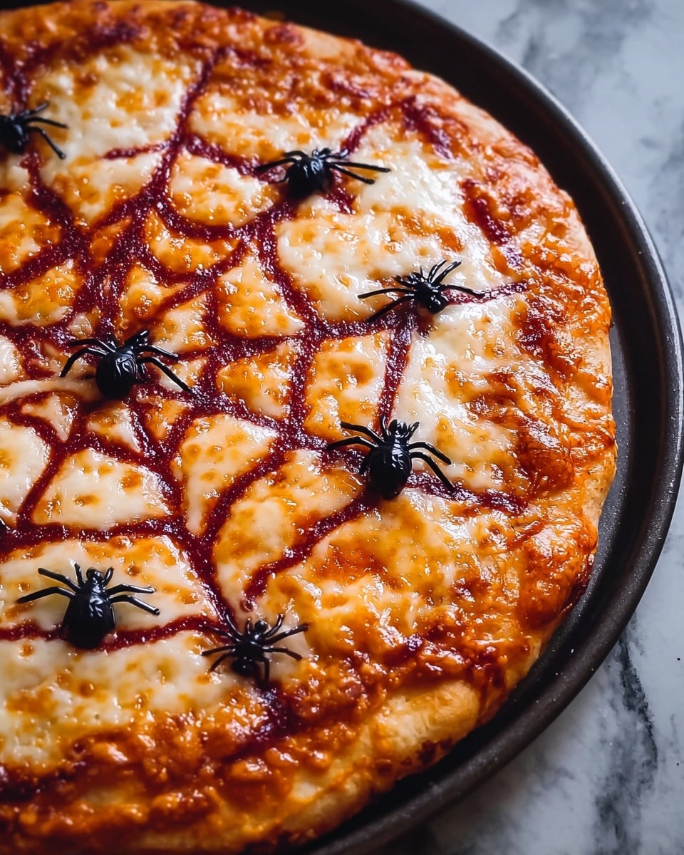 A close-up of a round pizza with a golden-brown crust on a dark pan, topped with melted, slightly browned cheese forming uneven large patches of white and light yellow. The pizza is decorated with a spider web pattern made of dark red tomato sauce, creating triangular sections across the surface. Small black plastic spiders are placed on several cheese patches, adding a spooky touch. The background and surface are a white marbled texture. photo taken with an iphone --ar 4:5 --v 7