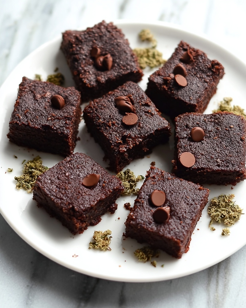 A white plate holds eight small square brownies with a dark, rich brown color and a slightly rough texture on top. Each brownie has one to three smooth, shiny, melted chocolate chips scattered on its surface. Around the brownies on the plate, there are small clusters of light green herb-like decoration. The background is a white marbled texture. photo taken with an iphone --ar 4:5 --v 7