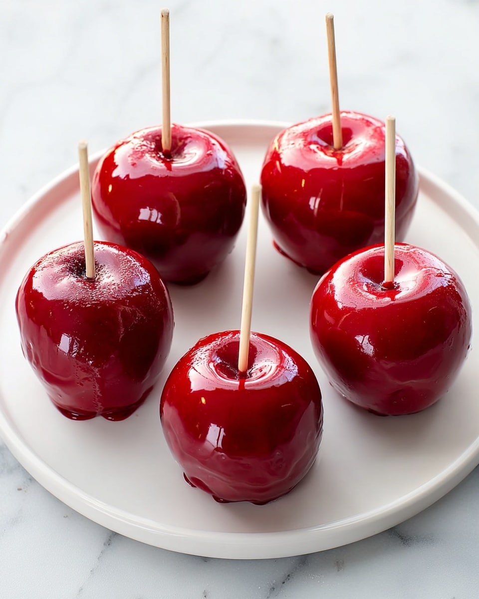 Five shiny red candy apples sit on a round white plate, each pierced with a wooden stick standing upright in the center. The candy coating is bright and smooth, reflecting light and giving the apples a glossy, almost wet look. The tops of the apples show where the sticks are inserted, with slight uneven edges of the candy. The plate rests on a white marbled surface, which adds a subtle light pattern behind the clean, simple presentation of the apples. photo taken with an iphone --ar 4:5 --v 7