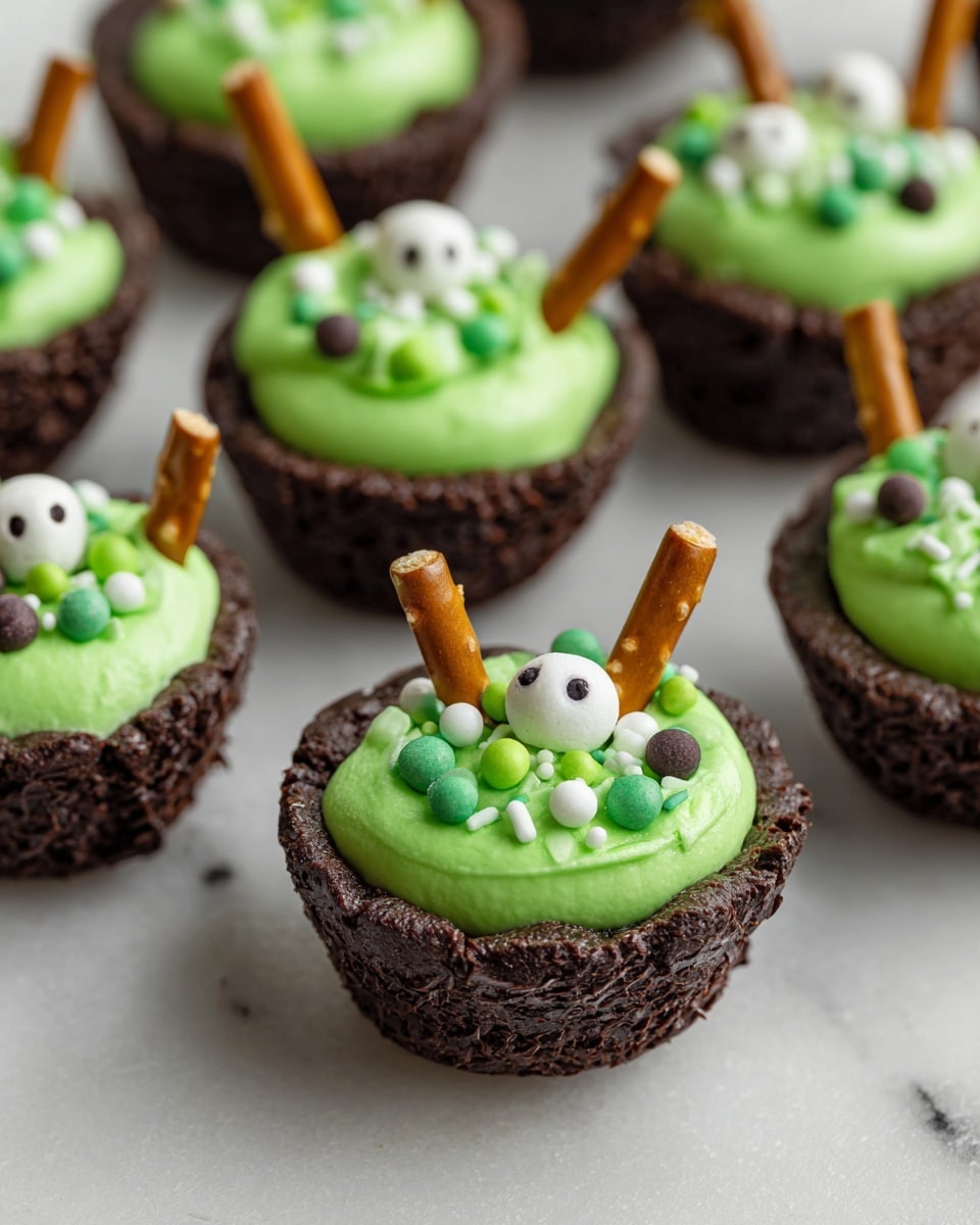 The image shows several small dark brown chocolate cups filled with a bright green creamy frosting. Each cup has one main layer of smooth green frosting topped with small round sprinkles in white, light green, and dark green, plus tiny white skull-shaped decorations. Sticking out of each frosting layer is a thin pretzel stick, adding texture and height. The chocolate cups have a rough texture contrasting with the smooth frosting. They rest on a white marbled surface, arranged closely together. Photo taken with an iphone --ar 4:5 --v 7