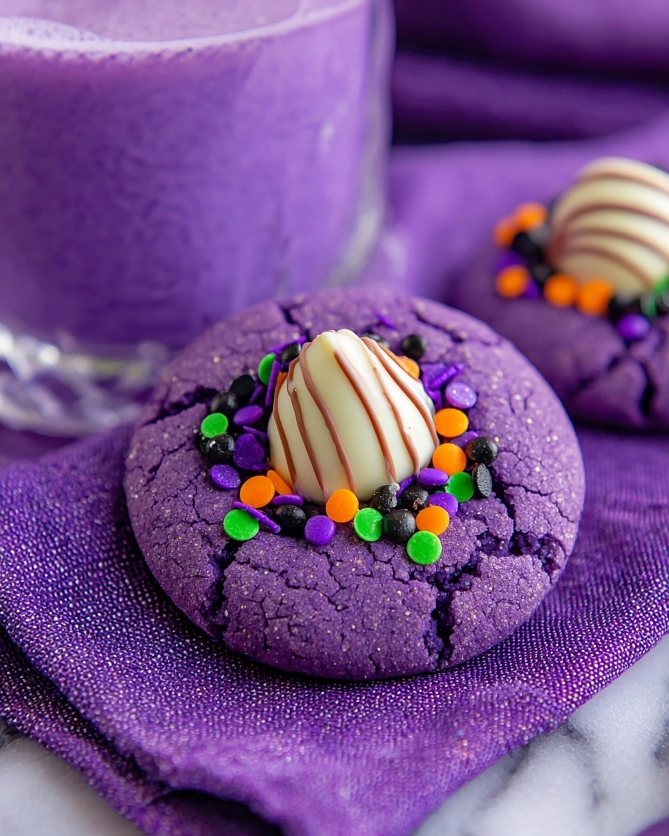 The image shows a purple cookie with a cracked texture, topped with small colorful round sprinkles in orange, green, black, and purple. In the center of the cookie sits a white chocolate kiss with brown stripes. The cookie is placed on a purple cloth, creating a soft, cozy setting. In the background, there is a glass filled with a purple drink, all set on a white marbled surface. photo taken with an iphone --ar 4:5 --v 7