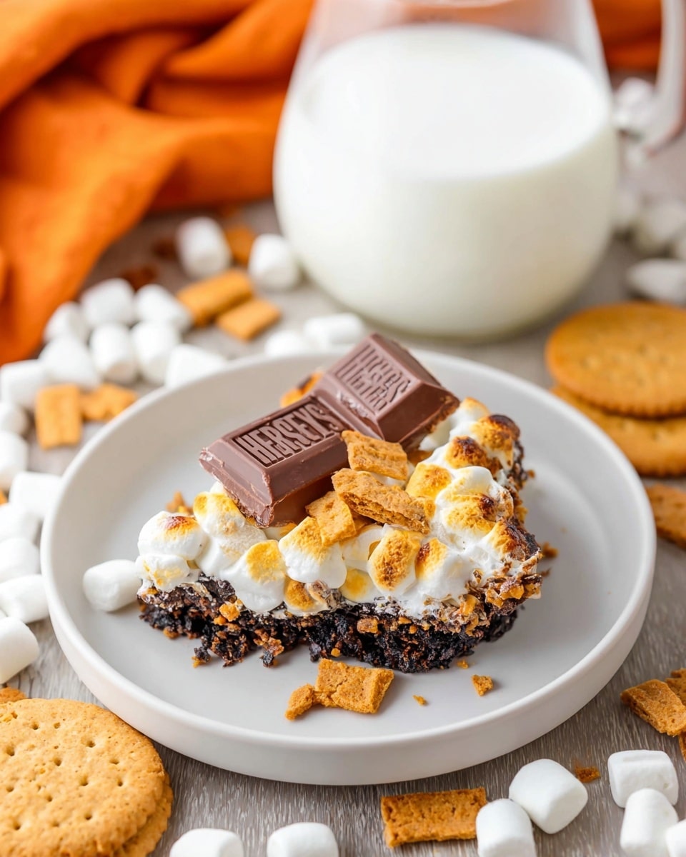 A slice of s'mores dessert sits on a white plate, showing three main layers: a dark brown, crumbly chocolate base at the bottom, topped with a layer of golden toasted marshmallows that have some white, puffy marshmallows mixed in, and garnished with broken light brown graham cracker pieces and two pieces of milk chocolate with the Hershey's logo placed on top. The plate rests on a white marbled texture, surrounded by scattered mini white marshmallows, squares of Hershey's chocolate, and golden graham crackers, with an orange cloth nearby. Behind the dessert, there is a clear glass cup filled with white milk. photo taken with an iphone --ar 4:5 --v 7