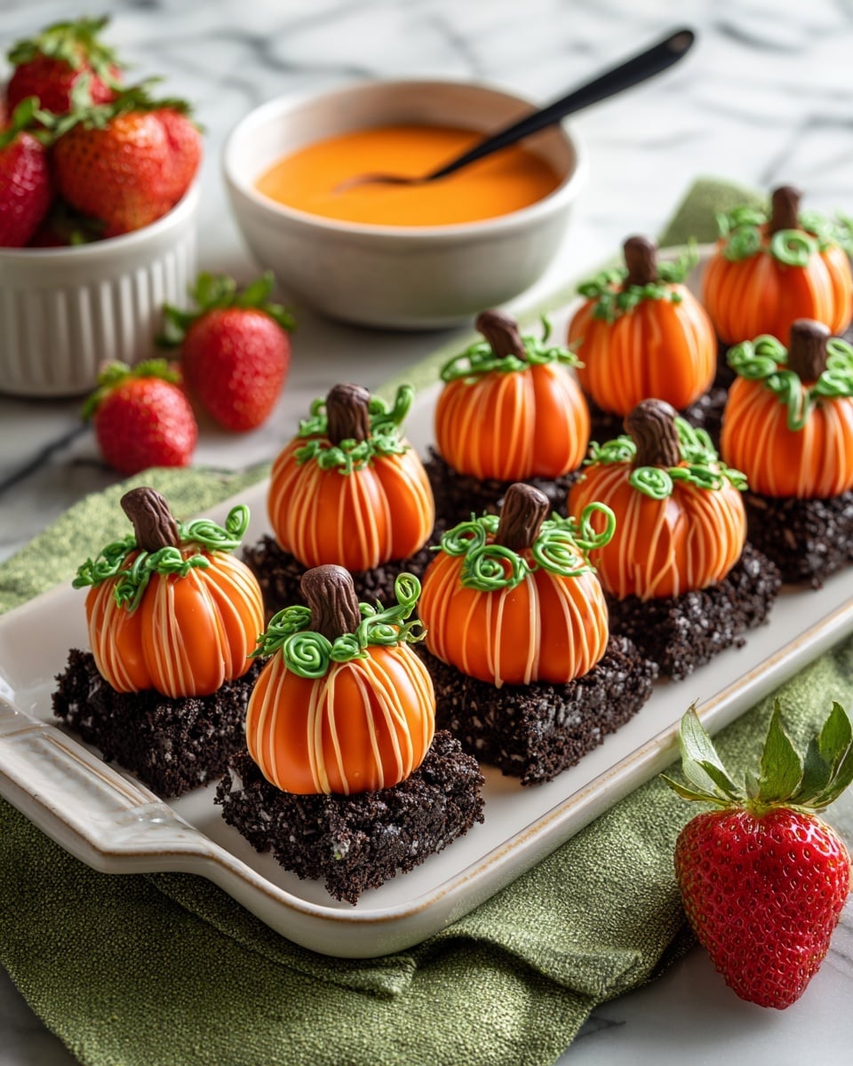 A rectangular white dish holds a dessert with a bottom layer of crushed dark cookies that look crumbly and rough. On top of this, there are small strawberries, each dipped in smooth, bright orange coating shaped like pumpkins with thin orange lines etched for texture. Each strawberry pumpkin has a small wooden stem and is connected by green icing vines twisting and curling across the dish. The dish sits on a green cloth, surrounded by fresh strawberries, and a bowl of matching orange coating with a black spoon is placed nearby. The background is a white marbled texture. photo taken with an iphone --ar 4:5 --v 7