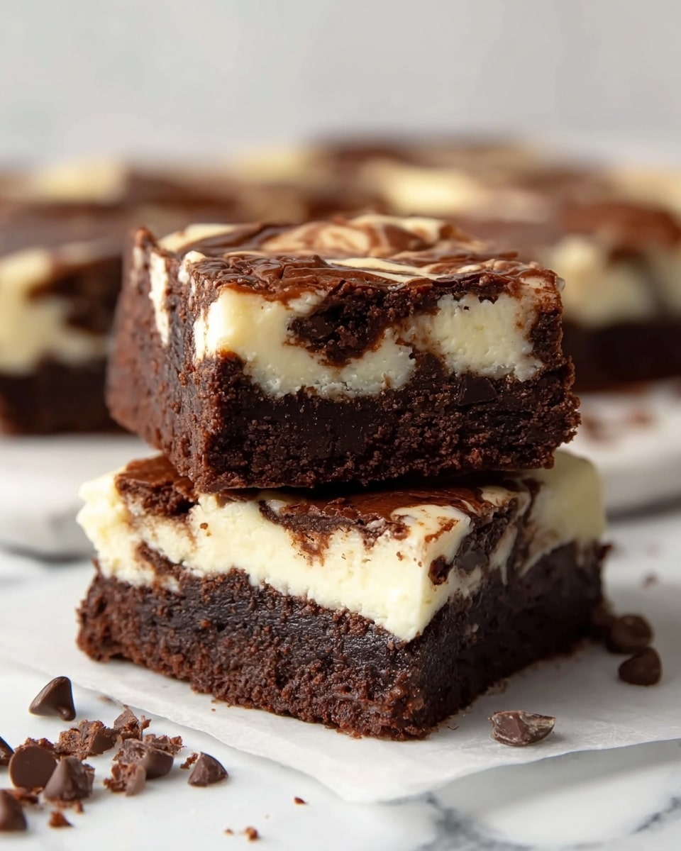The image shows two stacked dessert squares with three distinct layers. The bottom layer is thick, dark brown, and dense, resembling a rich chocolate brownie with chocolate chips embedded. The middle layer is creamy white and smooth, like a cheesecake filling, evenly spread between the brownie layers. The top layer is a mix of white cheesecake and dark chocolate swirls, creating a marbled pattern with a slightly melted, glossy texture. These dessert squares are placed on a white marbled surface, with some chocolate chips and crumbs scattered around, adding to the rich and indulgent feel. Photo taken with an iphone --ar 4:5 --v 7