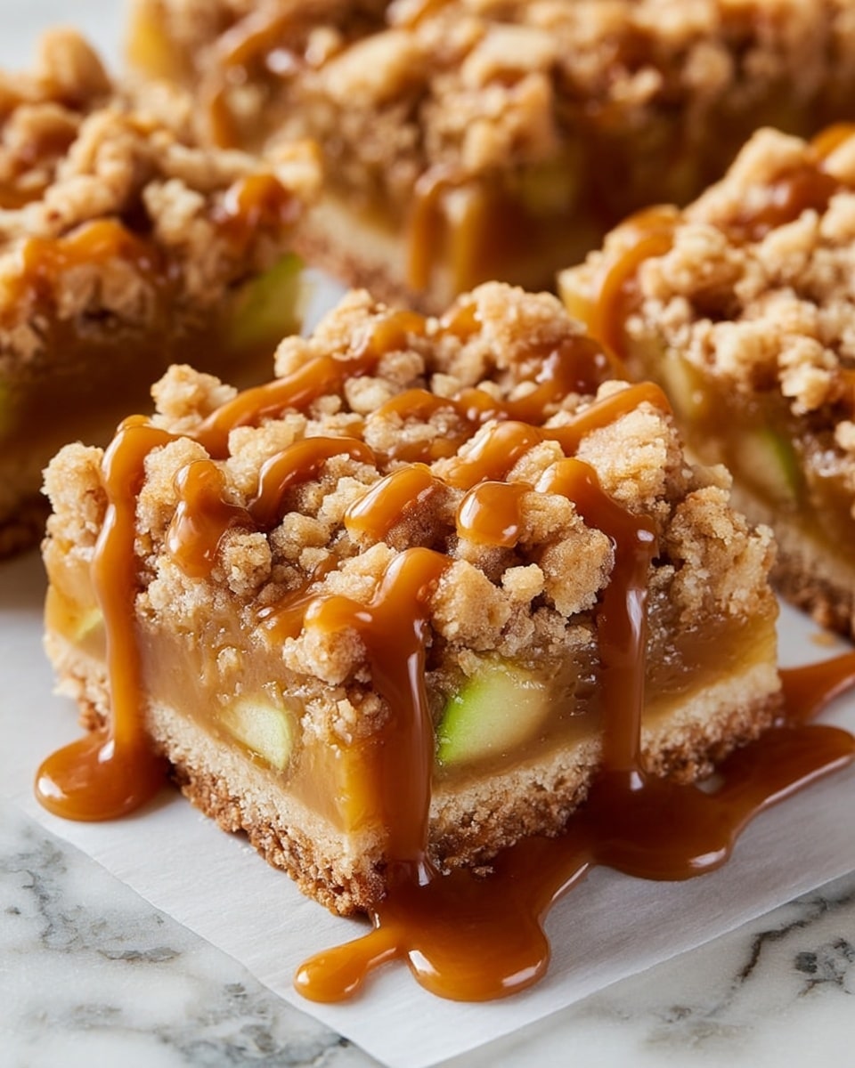 A close-up image of two square apple crumble bars on white parchment paper atop a white marbled surface. Each bar has four layers: the bottom is a firm, light brown crust; above it is a soft, caramel-colored filling with visible small chunks of green apple pieces; next is a chunky crumbly topping with uneven, golden brown clusters; finally, the bars are drizzled with thick, glossy caramel sauce flowing slightly off the edge. The texture contrast is clear between the smooth caramel, crunchy crumble, and juicy apple. Photo taken with an iphone --ar 4:5 --v 7