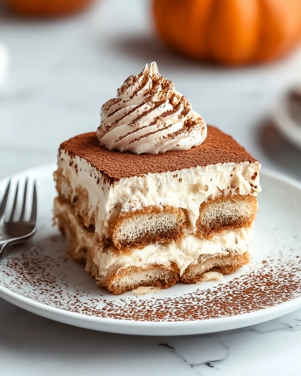 A slice of tiramisu sits centered on a white plate with cocoa powder sprinkled around it. The dessert shows three layers of light brown ladyfinger biscuits soaked in coffee, separated by two thick layers of white creamy mascarpone filling. The top layer is fully covered with a dusting of cocoa powder and crowned with a swirl of whipped cream dusted lightly with cocoa. The plate rests on a white marbled surface with a blurred pumpkin in the background and a fork to the left of the plate. Photo taken with an iphone --ar 4:5 --v 7