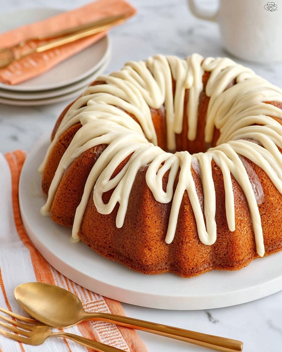 A bundt cake with a single layer of golden brown color is placed on a large white plate. The cake is topped with cream-colored icing drizzled thickly in uneven vertical lines that cascade from the top around the curves to the base, creating a textured look. The cake sits on a white marbled surface with some gold forks and knives nearby, along with a white napkin with orange stripes in one corner. Photo taken with an iphone --ar 4:5 --v 7