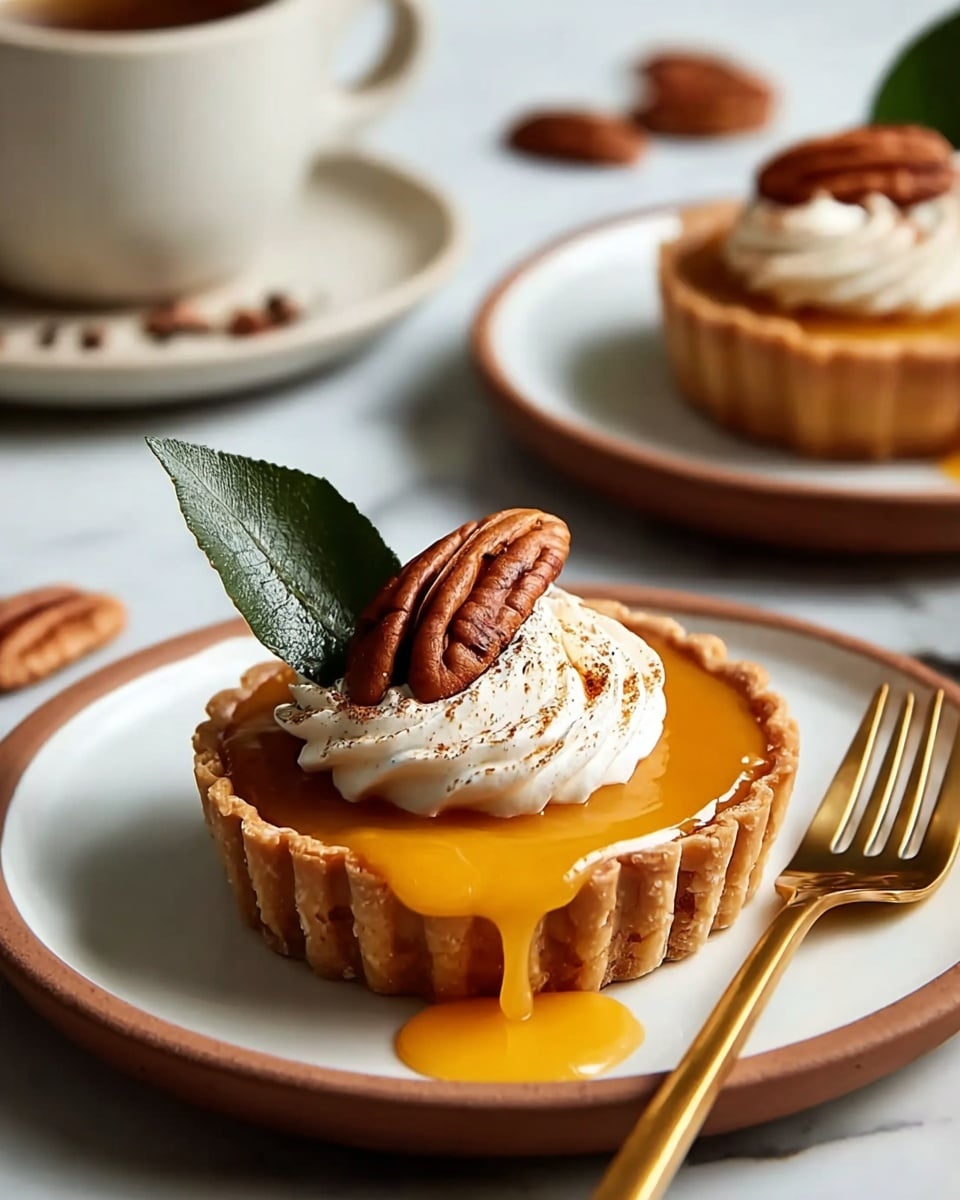 A small tart with a golden crust forms the bottom and sides, holding a smooth, shiny orange filling that drips slightly down the edge. On top, there is a swirl of white whipped cream dusted with a bit of cinnamon or spice, next to a whole pecan and a green leaf standing upright. The tart sits on a white plate with a brown rim, with a gold fork beside it. In the background, another tart and a white cup on saucer rest on a white marbled surface. photo taken with an iphone --ar 4:5 --v 7
