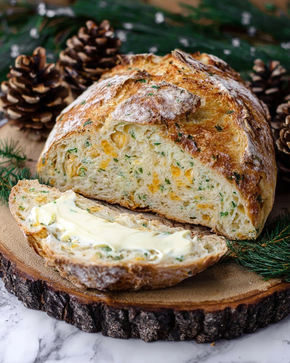 The image shows a round loaf of herb and cheese bread with a golden-brown, crusty top that is slightly cracked and dusted with flour. The bread is sliced, revealing a soft, light-colored interior studded with green herbs and patches of melted yellow cheese throughout the crumb. One thick slice is shaped irregularly with a rough crust edge and is spread with creamy butter that is melting slightly, giving it a shiny texture. The bread sits on a rustic wooden slab with tree bark on the side, surrounded by pine cones and green pine branches, all placed on a white marbled surface. Photo taken with an iphone --ar 4:5 --v 7