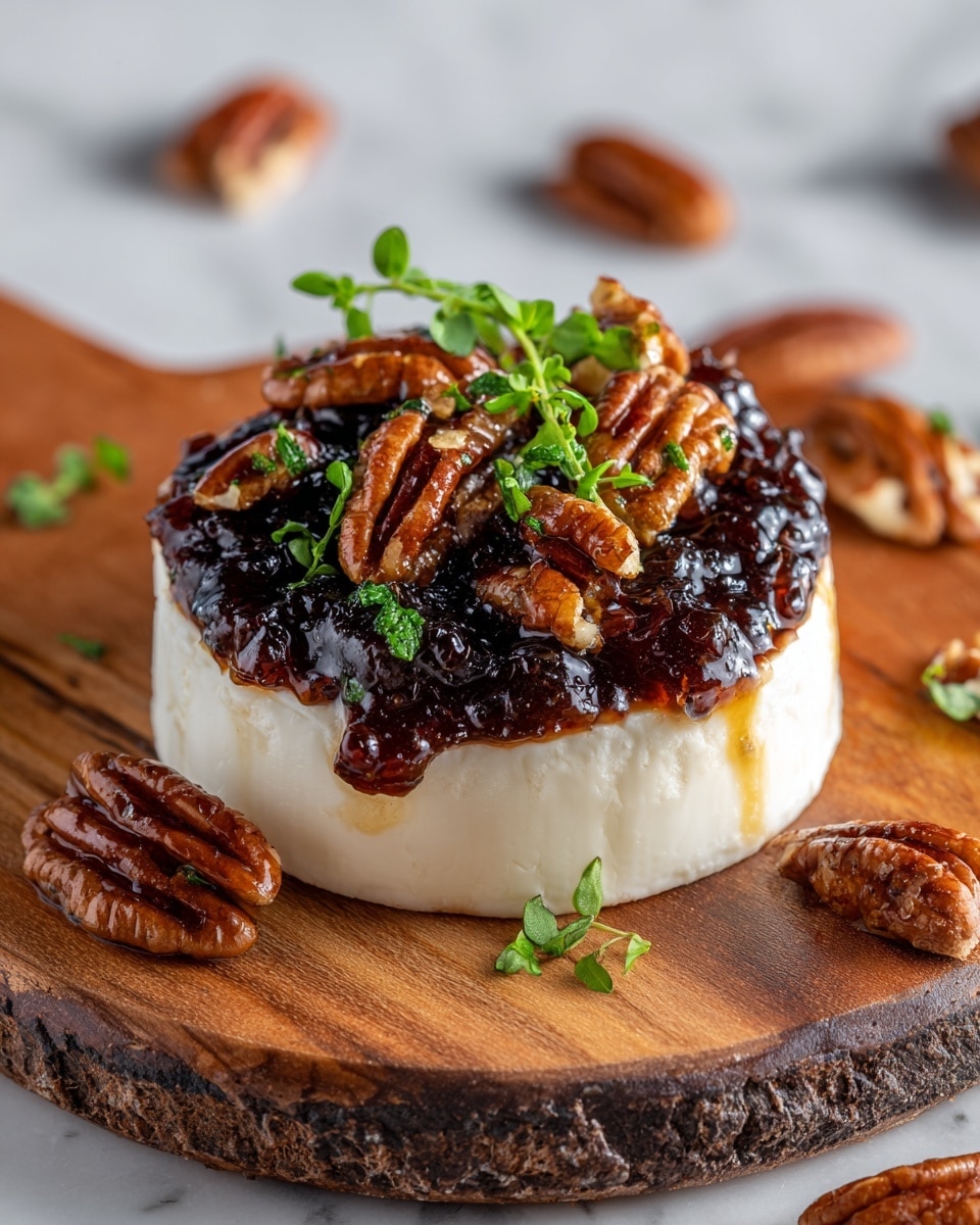 A small round black dish holds a soft, white creamy cheese with a smooth texture covering the base. On top of the cheese is a thick dark reddish-brown jam spread evenly, creating a shiny and sticky layer. Scattered generously over the jam and cheese are whole and chopped pecan nuts with a glossy brown finish, adding crunch and contrast. A few sprigs of fresh green herbs rest on the jam, adding a bright touch. The black dish sits on a round wooden board with a natural rough texture, and some pecans are scattered around it on a white marbled surface in the background. photo taken with an iphone --ar 4:5 --v 7