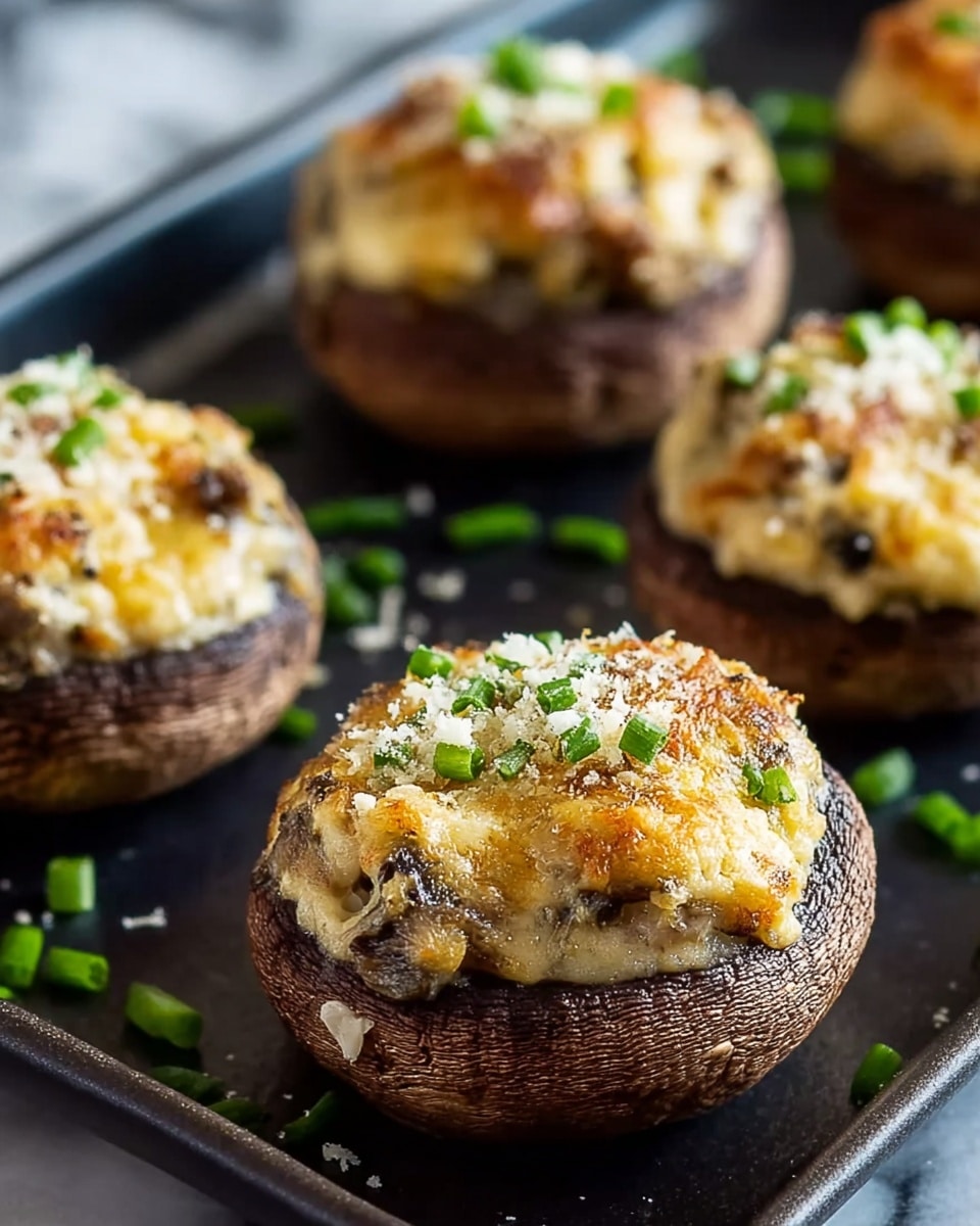 The image shows four stuffed mushrooms placed on a black tray set over a white marbled surface. Each mushroom has a dark brown textured cap that acts as a bowl for the filling. The filling inside is creamy pale yellow with browned, melted cheese on top, mixed with bits of cooked mushrooms and other ingredients. On the very top, there is a layer of finely grated light-colored cheese sprinkled with small green chives. Some chives are also scattered on the tray around the mushrooms. The focus is on the mushroom in the front center with soft lighting highlighting the textures and colors. photo taken with an iphone --ar 4:5 --v 7