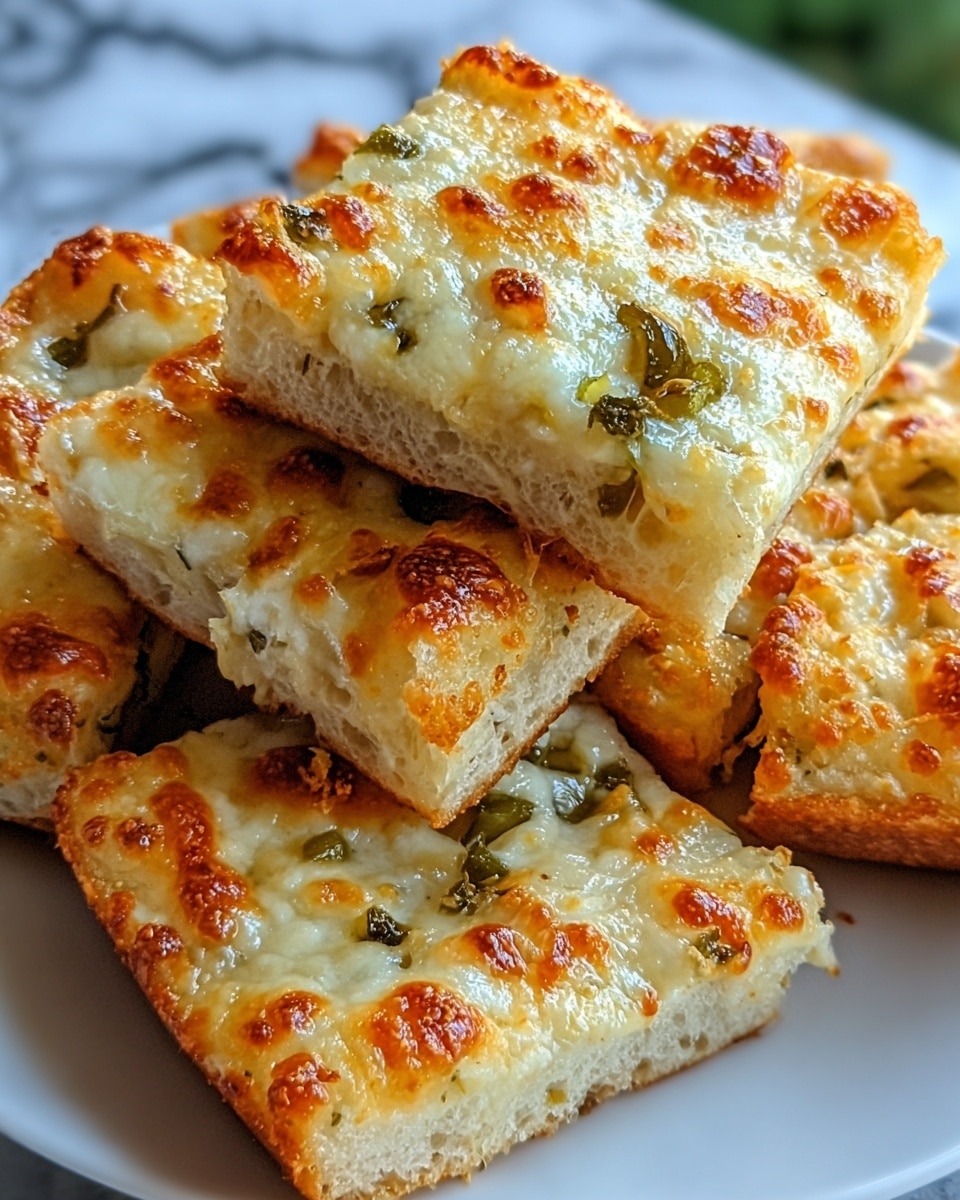 A close-up view of several square slices of cheesy garlic bread stacked on a white plate. Each slice has a golden-brown crust at the bottom, a thick melted cheese layer on top with small browned spots, and green bits of herbs scattered unevenly throughout the cheese. The texture of the cheese looks soft and gooey with some bubbling, and the crust appears crisp and lightly browned. The background shows a blurred white marbled texture. photo taken with an iphone --ar 4:5 --v 7