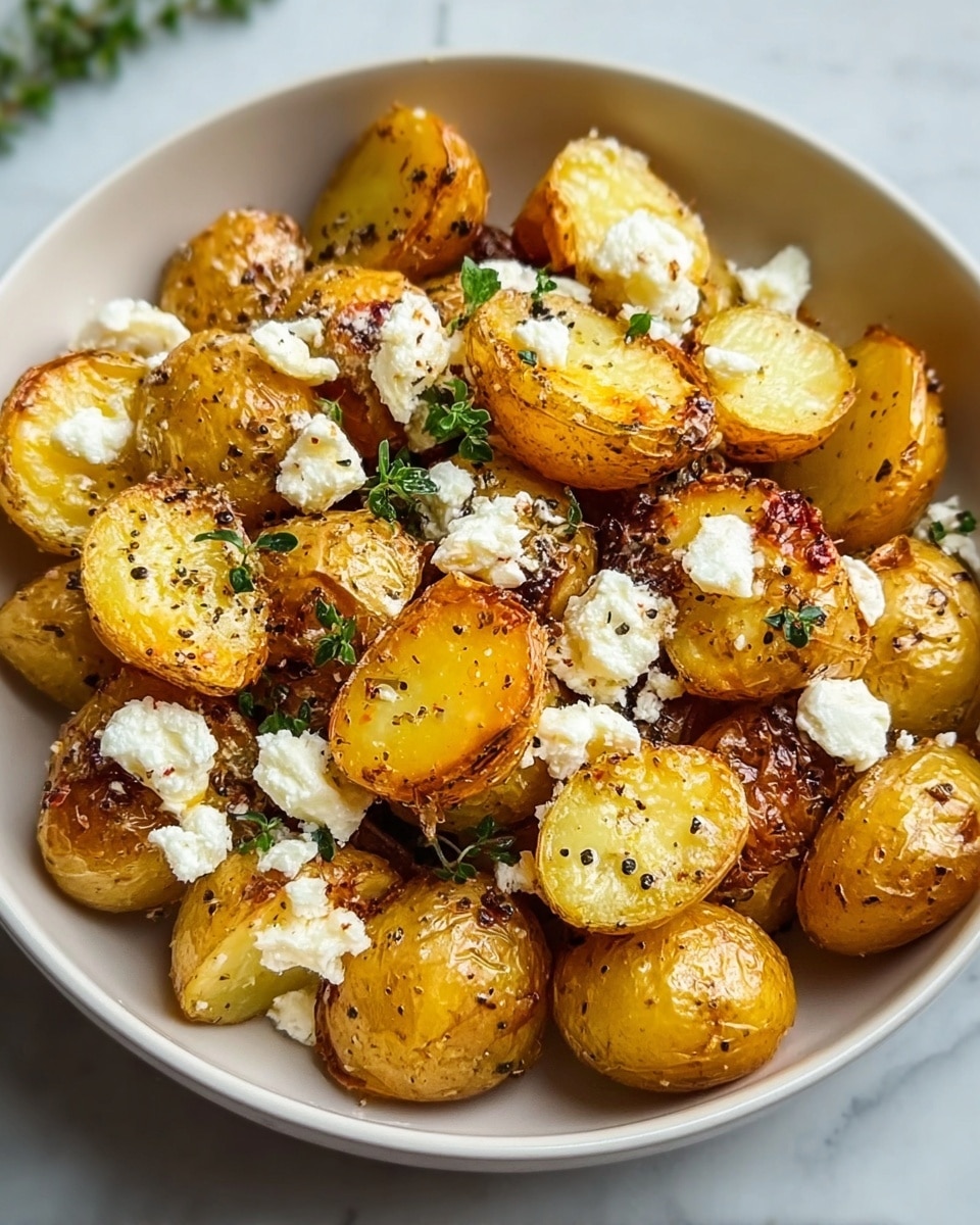 A bowl filled with golden roasted small potatoes cut in halves, showing a slightly crispy texture on the skin and a soft inside. Scattered on top are small white chunks and crumbs of soft creamy cheese. The potatoes are sprinkled with black pepper and garnished with small green herb leaves giving a fresh touch. The bowl is white and the dish sits on a white marbled surface. photo taken with an iphone --ar 4:5 --v 7