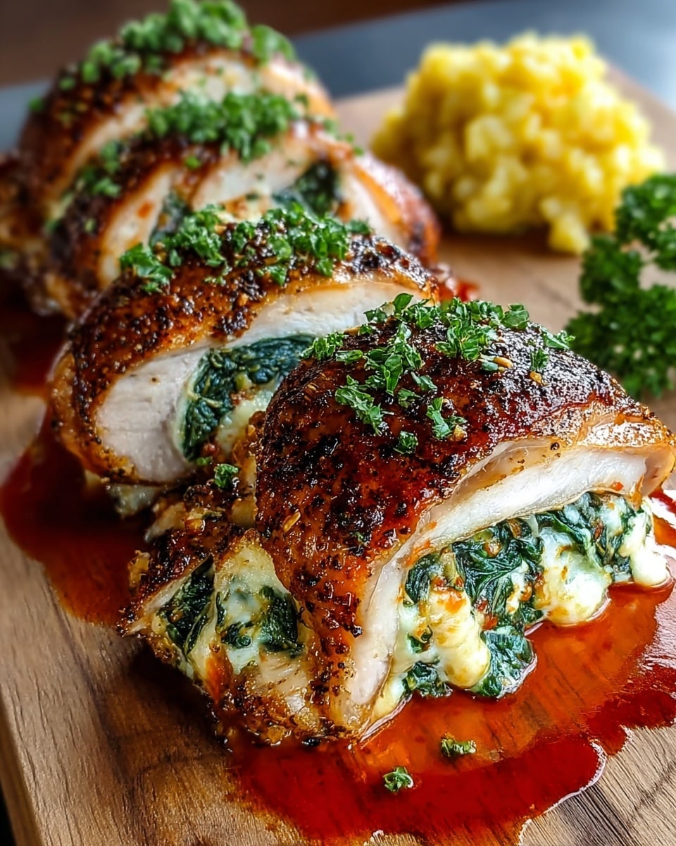 Three stuffed chicken breasts are lined up on a wooden board, each cut open to show creamy melted cheese mixed with cooked spinach inside. The chicken skin is golden brown and crispy with dark spices sprinkled on top, garnished with chopped green herbs. A bright red sauce pools under each piece, adding contrast. In the back, a fluffy yellow side and fresh green parsley add color. The focus is on the front chicken roll, showing layers: crispy skin, white cooked chicken, green spinach, and creamy cheese inside. photo taken with an iphone --ar 4:5 --v 7