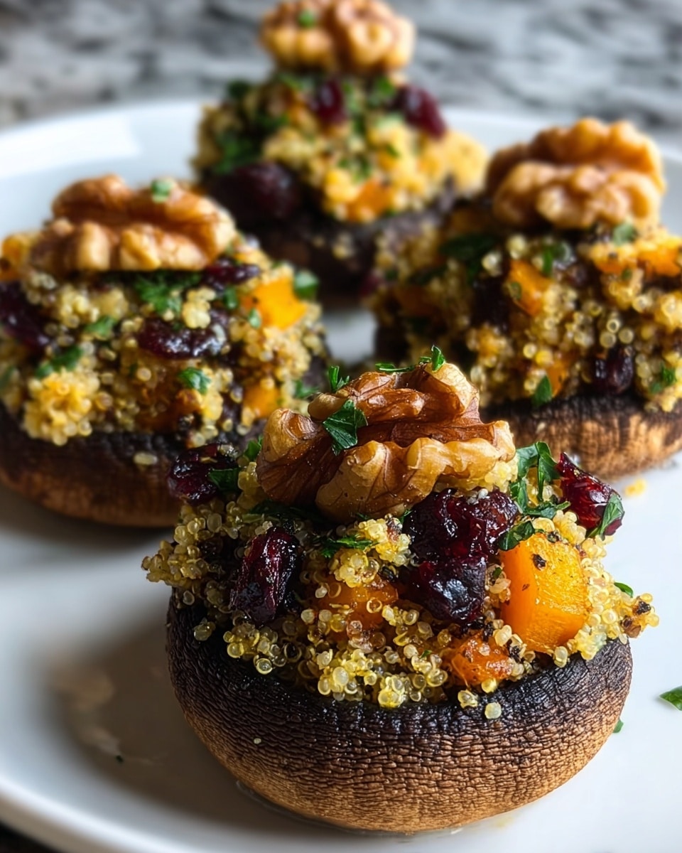 The image shows four stuffed mushrooms placed on a white plate over a white marbled texture. Each mushroom has one main layer of dark brown mushroom caps at the bottom, which have a slightly wrinkled texture. The mushrooms are filled with a light yellow quinoa mixture that contains small orange pieces, possibly roasted vegetables, and dried dark red cranberries scattered throughout. The filling is topped with fresh green herbs and a whole walnut piece on top of each mushroom. The close-up view highlights the textures and colors, with a natural lighting that adds warmth to the image. photo taken with an iphone --ar 4:5 --v 7
