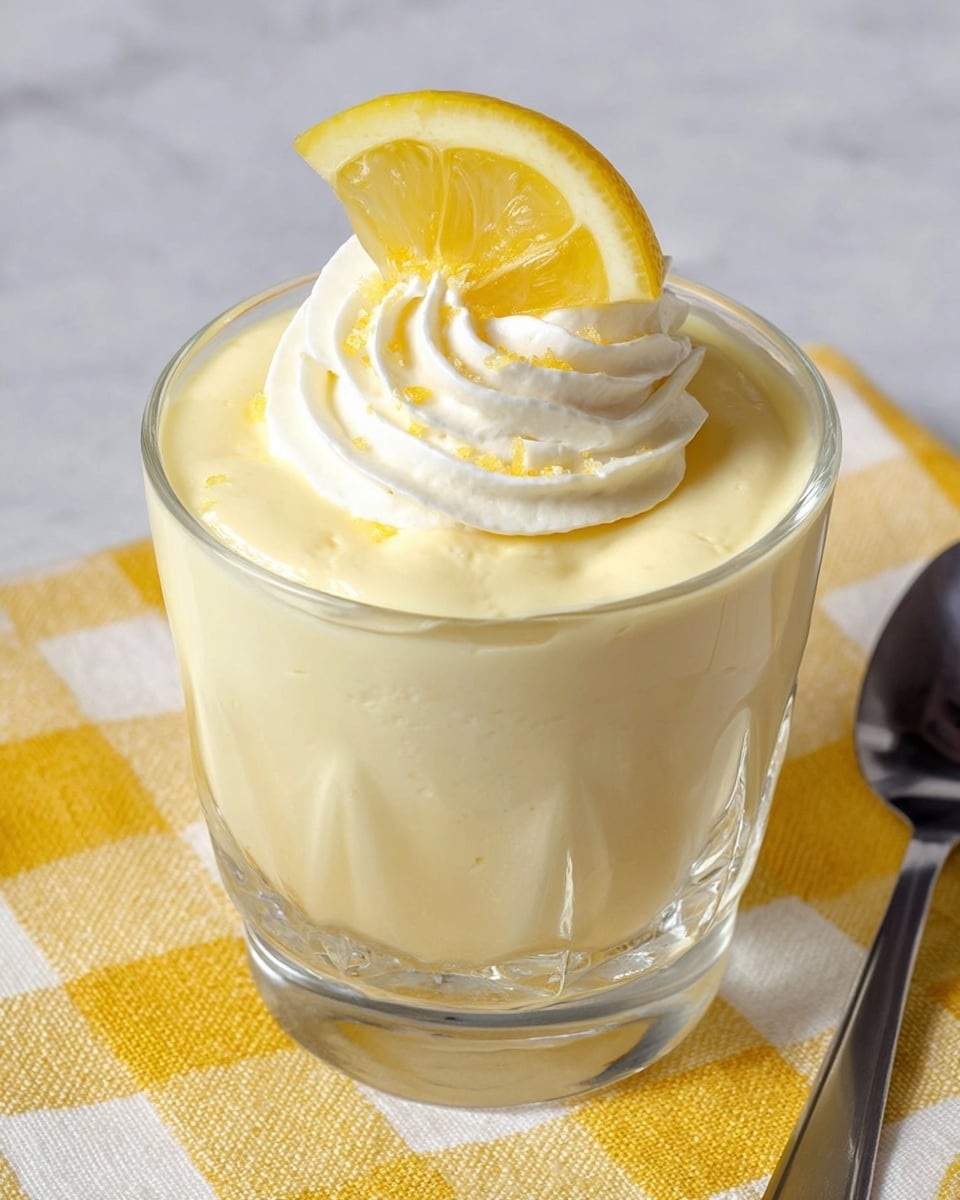A clear glass dessert cup filled with a smooth, pale yellow lemon mousse that forms a thick, creamy layer nearly to the top. On the surface, there is a swirl of white whipped cream with soft ridges, crowned by a small wedge of bright yellow lemon with a glossy texture, placed slightly off-center. The glass sits on a yellow and white checkered cloth atop a white marbled surface, with a silver spoon resting nearby. photo taken with an iphone --ar 4:5 --v 7