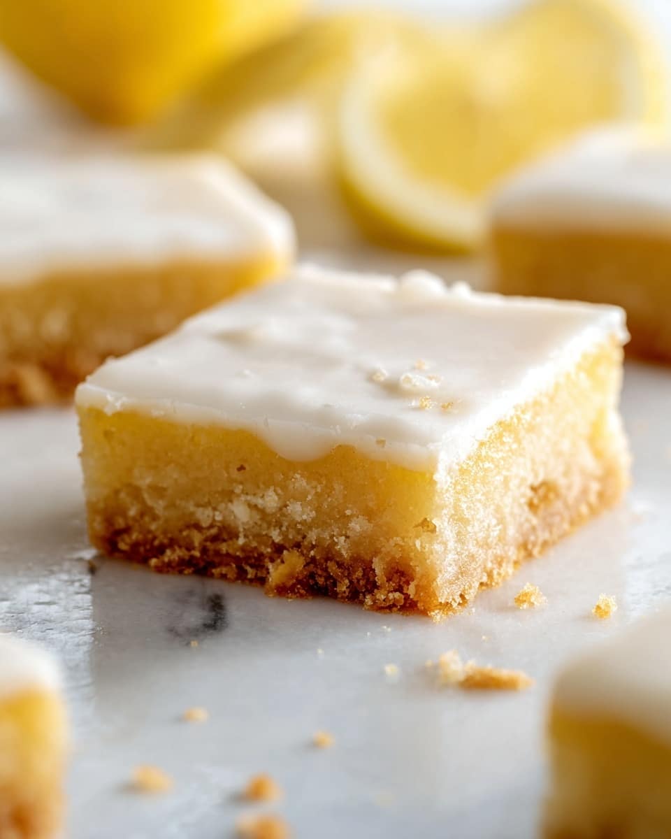 This image shows a square lemon bar with two main layers. The bottom layer is thick, crumbly, and golden brown with a slightly rough texture. The top layer is a smooth, glossy white icing that covers the entire bar evenly, with some small cracks and a soft sheen. The lemon bar sits on a white marbled surface with a few scattered crumbs around it. In the background, there is a blurred slice of lemon and parts of other lemon bars. The colors are warm and bright, emphasizing the contrast between the pale yellow base and the white icing. photo taken with an iphone --ar 4:5 --v 7