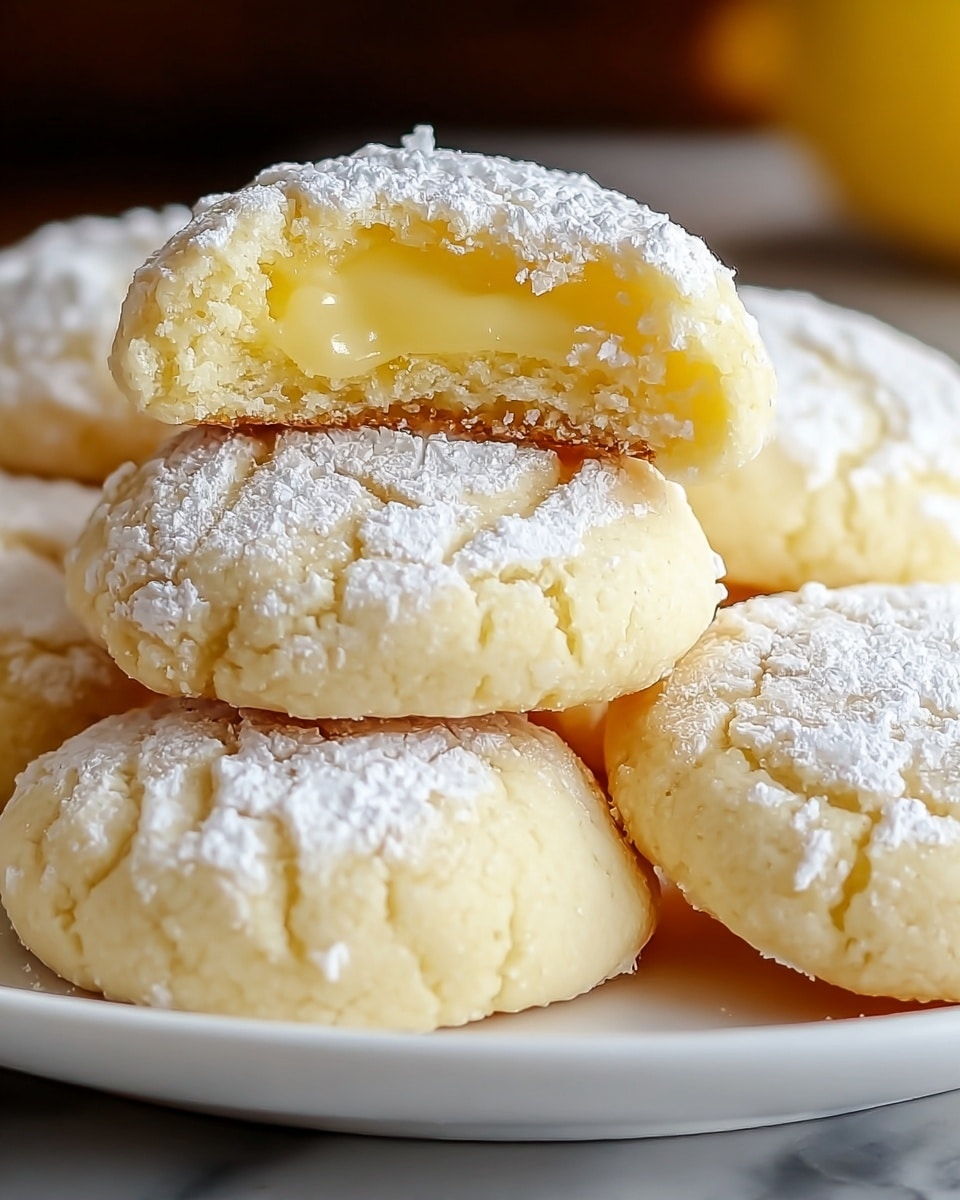 The image shows a close-up of several soft, round cookies in a stack on a white plate, placed on a white marbled surface. Each cookie has a light yellow, slightly crumbly outer layer dusted with white powdered sugar, giving a soft texture and a frosty look. The top cookie is broken in half, revealing a gooey, shiny yellow filling inside that looks smooth and creamy, contrasting with the dry cookie outside. The focus is sharp on the front cookies, with a blurred background for depth, emphasizing the texture and layers. Photo taken with an iphone --ar 4:5 --v 7