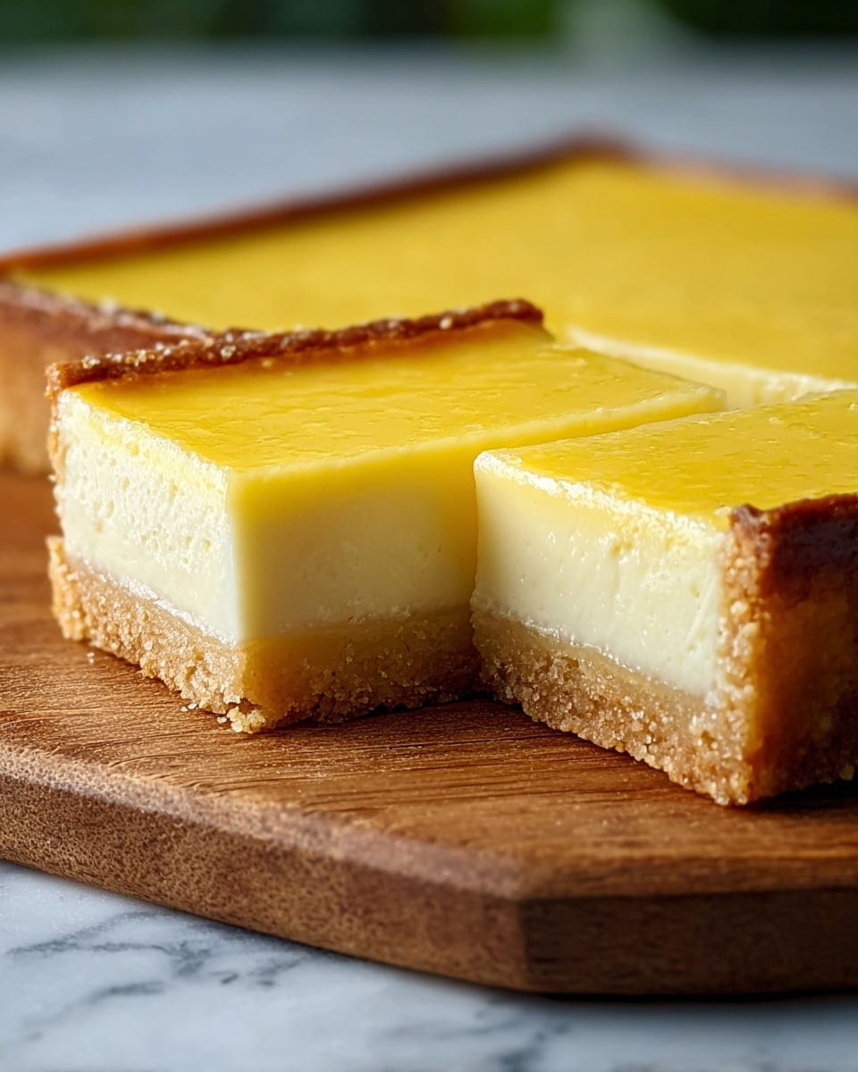 A square-shaped lemon tart with three distinct layers is shown on a wooden board against a white marbled background. The bottom layer is a thin, crumbly, golden-brown crust that forms the base. Above it is a thick, creamy pale-yellow filling that looks smooth and dense. The top layer is a slightly darker yellow, glossy, and firm lemon custard with an even surface, slightly raised edges along the crust. One slice is cut out and placed next to the tart, revealing the clean, sharp edges of each layer. The tart is well-lit with a natural light that highlights the texture and color contrasts photo taken with an iphone --ar 4:5 --v 7