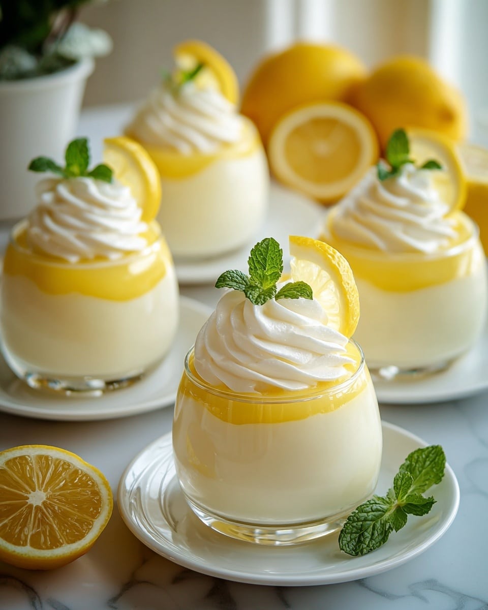 The image shows four small glass dessert cups on white plates, each layered with creamy white pudding at the bottom, topped by a smooth layer of bright yellow lemon curd, and finished with a swirl of soft white whipped cream. On top of each whipped cream swirl, there is a thin slice of lemon and a fresh green mint leaf, adding color contrast. The background features a white marbled texture with whole and sliced lemons placed around, softly lit by natural light from a nearby window. Photo taken with an iphone --ar 4:5 --v 7