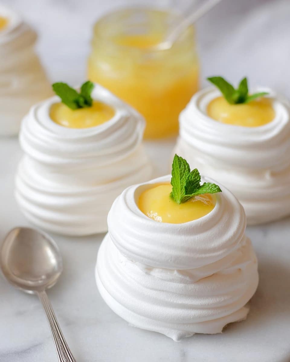 The image shows four meringue nests with three thick, white, smooth, and swirled layers forming each nest. Each nest has a shallow center filled with light yellow lemon curd, topped with a fresh green mint leaf. The nests are placed on a white marbled surface, and there is a small glass jar filled with lemon curd and a spoon beside them. The overall look is clean and fresh, with soft lighting highlighting the glossy texture of the meringue and the vibrant color contrast between the lemon curd and mint leaf. photo taken with an iphone --ar 4:5 --v 7