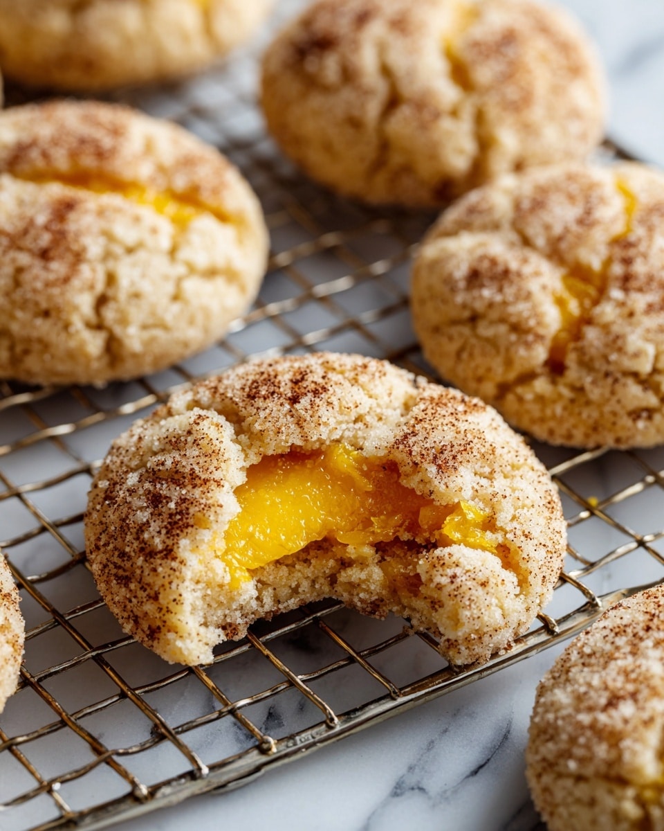 A close-up view of a stack of five soft cookies covered with a crumbly cinnamon sugar coating, each cookie showing a rough, uneven surface texture. The second cookie from the top is broken in half, revealing a bright yellow, gooey filling in the middle that looks smooth and thick. The cookies have a golden brown bottom edge, with a slightly lighter brown crumb texture on top. The background is blurred with a white marbled texture barely visible. Photo taken with an iphone --ar 4:5 --v 7