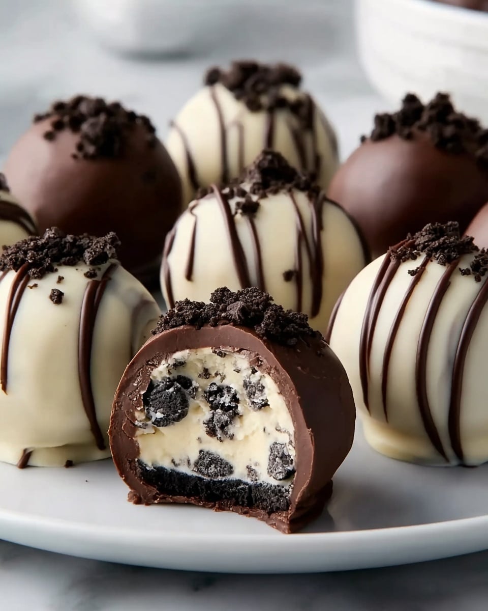 The image shows round dessert balls arranged on a white plate placed on a white marbled surface. The front row features a group of chocolate-covered balls; one is cut open, revealing a creamy white inside with small dark cookie pieces, and a dark cookie base at the bottom layer. The chocolate exterior is smooth and topped with crumbled dark cookies. Next to them, there are white chocolate balls decorated with thin, dark chocolate drizzles in a diagonal pattern and also topped with dark cookie crumbs. The dessert balls are glossy and evenly coated, showing a neat presentation. photo taken with an iphone --ar 4:5 --v 7