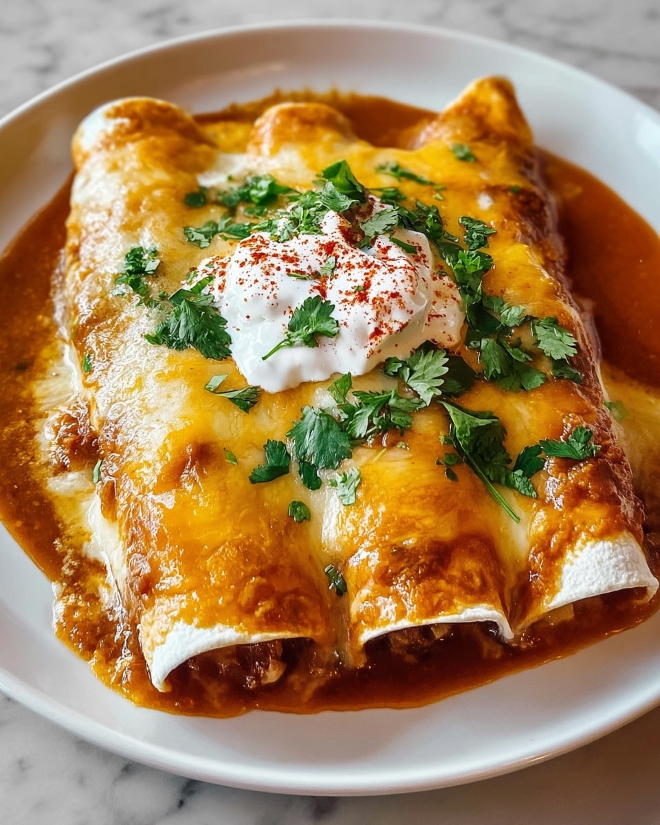 The image shows three rolled enchiladas placed side by side on a white plate, each covered in a thick, melted layer of pale yellow cheese that is slightly browned and bubbling on top. Below the cheese layer, a rich, smooth, orange-brown sauce surrounds the enchiladas, pooling around their base. On top of the middle enchilada is a dollop of white sour cream sprinkled with red chili powder, and fresh green cilantro leaves are scattered generously across the dish, both on the sour cream and the cheese. The plate sits on a white marbled textured surface. Photo taken with an iphone --ar 4:5 --v 7