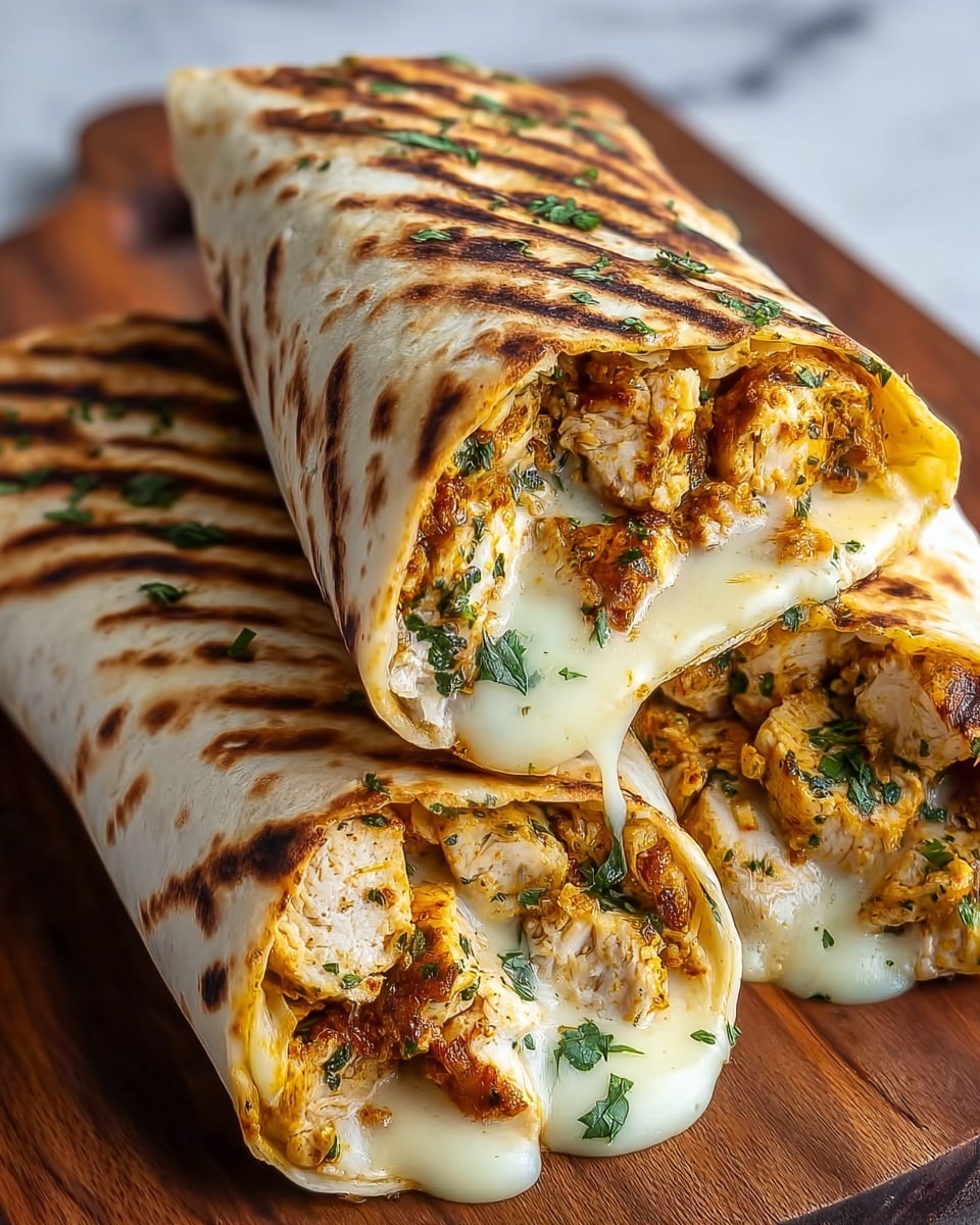 The image shows three toasted chicken wraps arranged on a wooden board. Each wrap has a golden-brown grilled tortilla outer layer with visible char marks, folded tightly to reveal layers inside. The first layer inside is white melted cheese that oozes slightly, followed by chunky pieces of browned chicken mixed with herbs and spices, and sprinkled fresh green herbs on top. The wraps are sliced showing the colorful and textured filling, with some melted cheese dripping. The background is a white marbled texture. photo taken with an iphone --ar 4:5 --v 7