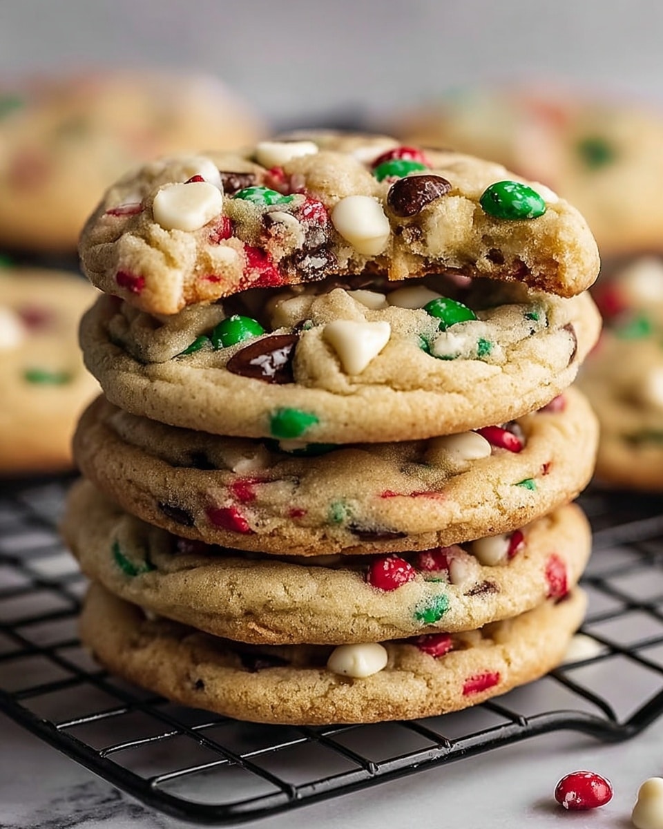 A stack of five thick, soft cookies sits on a black wire rack, each cookie filled with red and green candy pieces, dark and white chocolate chips. The top cookie has a bite taken out, showing a soft, chewy inside with melted chocolate and white chocolate chunks. The cookies have a golden-brown edge with a light beige center covered in colorful candy dots and chocolates. The blurred background emphasizes the cookies' texture and colors, all set on a white marbled surface. Photo taken with an iphone --ar 4:5 --v 7
