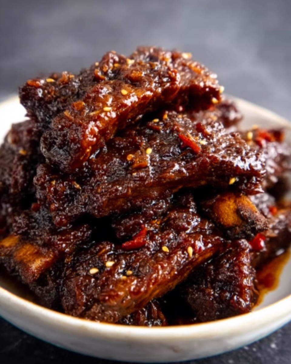 A plate full of glossy dark brown beef pieces stacked high, each piece covered in a sticky, shiny sauce. The beef is mixed with small caramelized onion slices and sprinkled with white sesame seeds. Bright red chili slices are scattered throughout, adding a splash of color and texture. The dish is served on a white plate, placed on a surface with a white marbled texture. The overall look is rich and savory with a moist, flavorful glaze. photo taken with an iphone --ar 4:5 --v 7