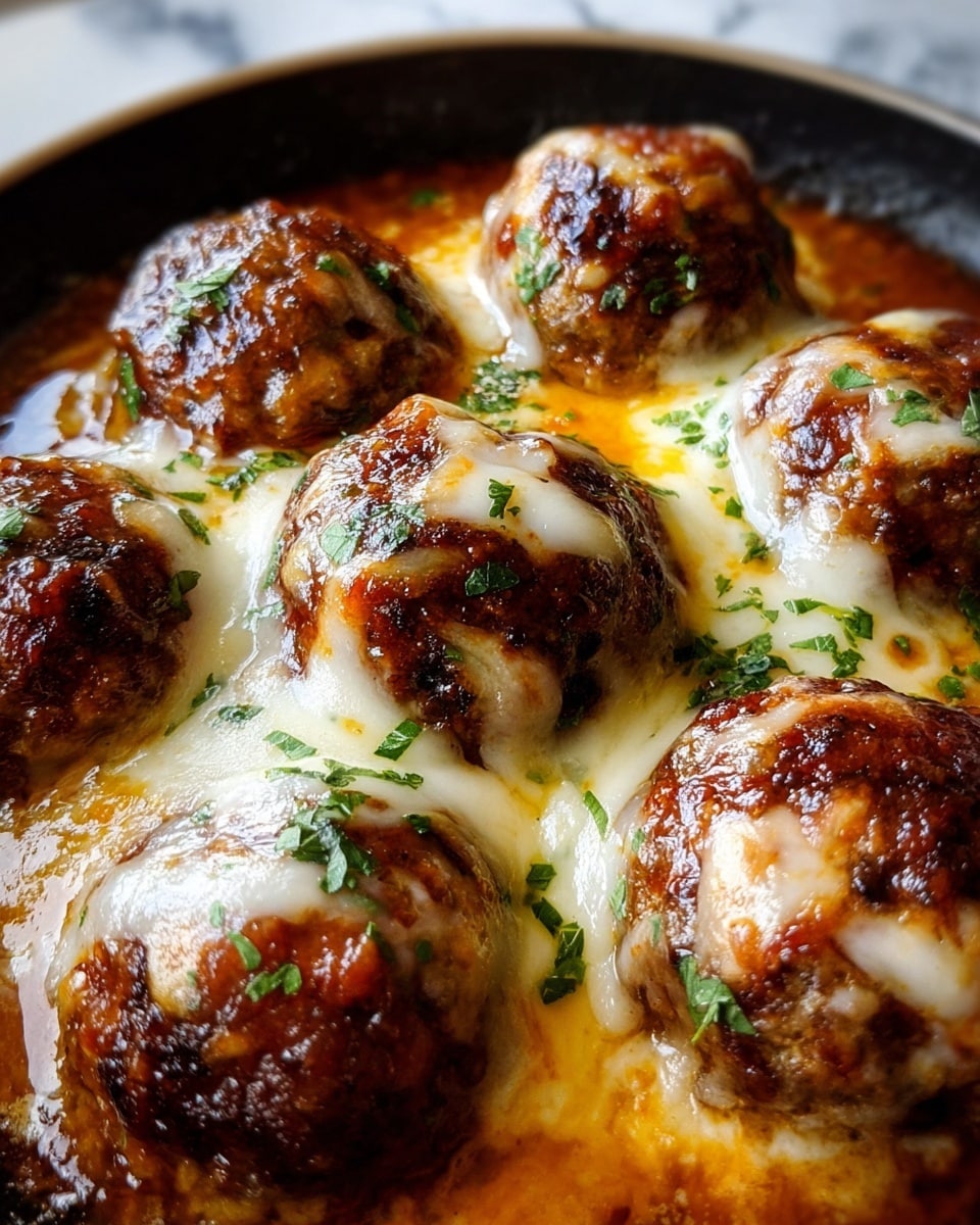 The image shows six browned meatballs arranged closely together in a round black pan, each topped with a melted, slightly browned layer of white cheese that stretches and oozes around them. The meatballs have a rich, dark brown, crispy texture with small bits of green herbs sprinkled over the cheese. A thick, glossy, orange-brown sauce surrounds the meatballs, pooling slightly at the bottom, creating a shiny surface that reflects light. The focus is close-up, making the cheese and sauce look creamy and rich, with the meatball texture detailed and inviting. The background shows a blurred white marbled texture. photo taken with an iphone --ar 4:5 --v 7