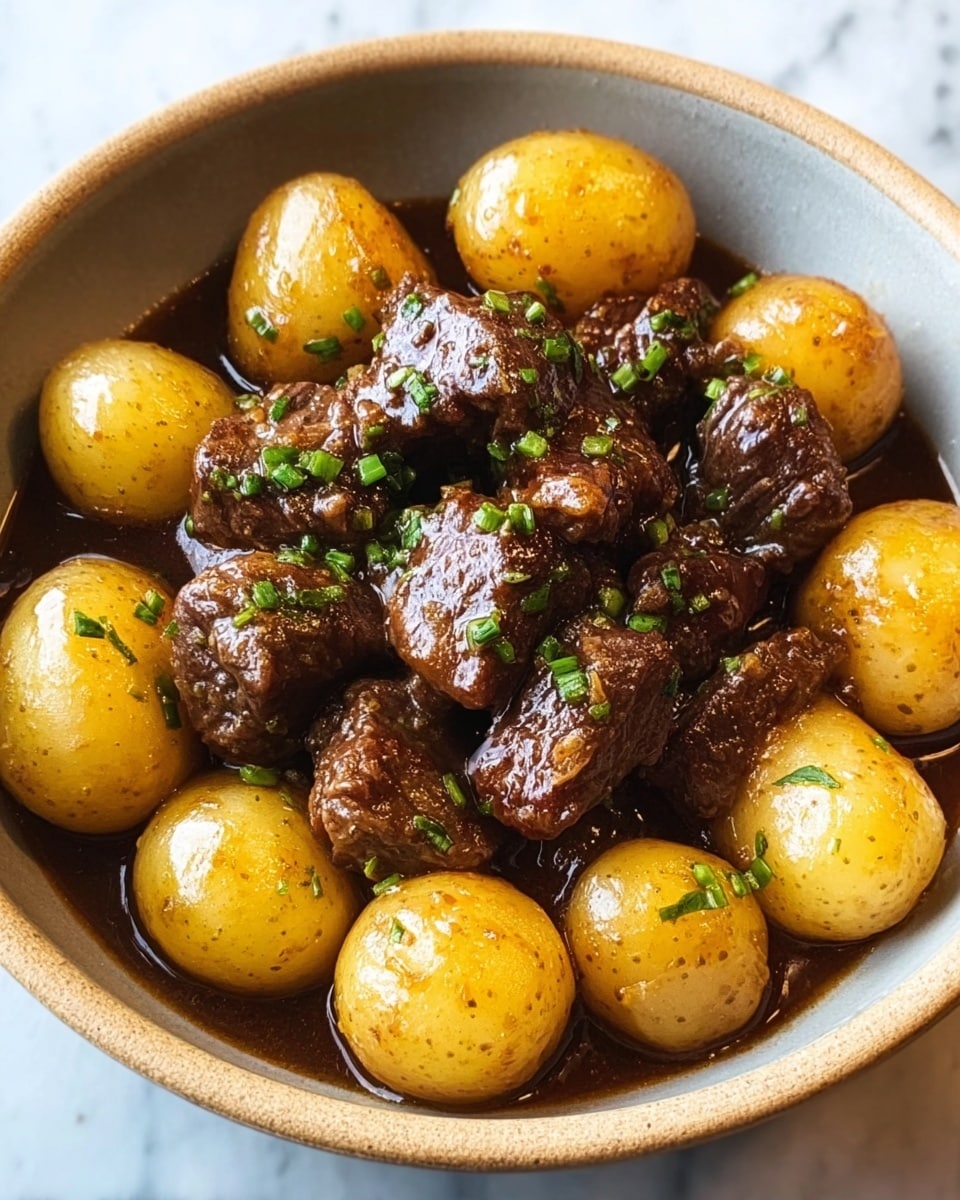A close-up view of a stew dish showing several layers of chunky, browned beef pieces with a glossy, juicy texture, mixed with whole baby potatoes that have a golden-brown roasted skin. The beef and potatoes are coated with a thick, dark brown sauce that has a slight shine. Scattered on top are small, bright green fresh parsley leaves adding color contrast. The background features a white marbled texture, emphasizing the warm, rustic look of the meal. Photo taken with an iphone --ar 4:5 --v 7