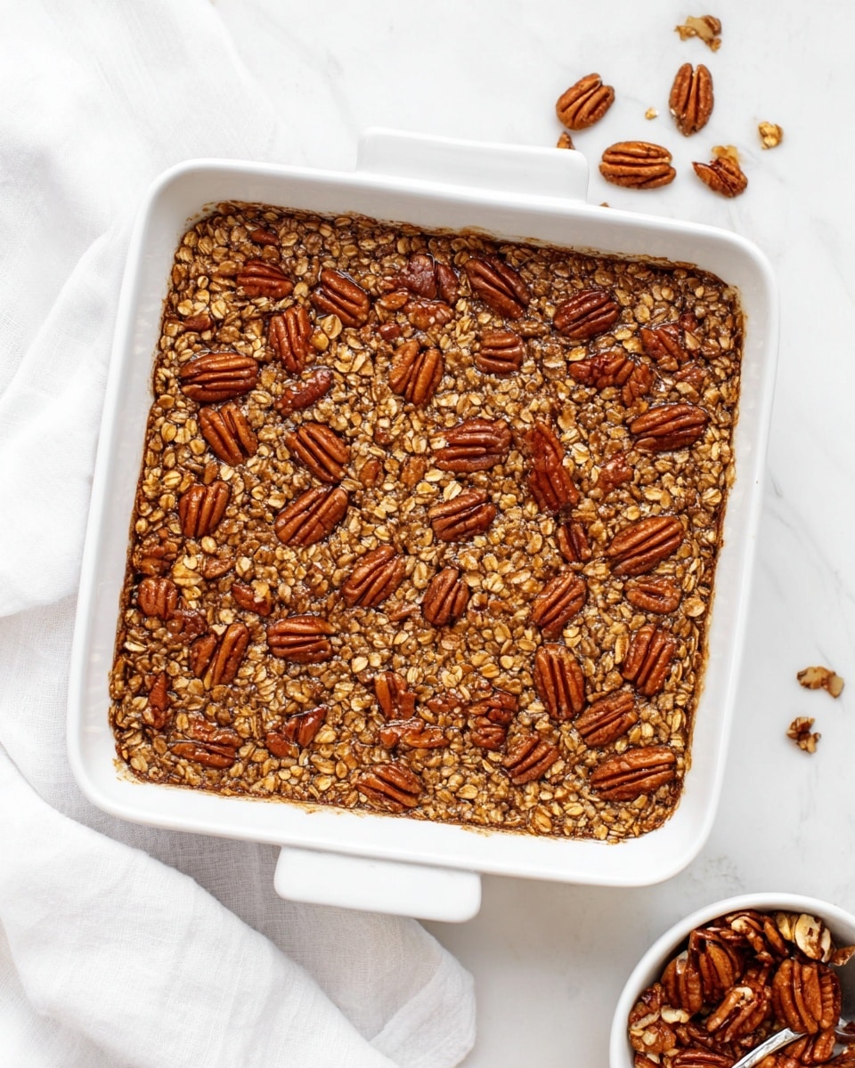 The image shows a white square baking dish filled with a single-layer oat and pecan bake. The top layer is a mix of golden brown baked oats with a slightly coarse texture, dotted generously with whole, glossy toasted pecans that have a warm reddish-brown color. The edges of the dish have a slight caramelized look where the oats have browned more. The dish is placed on a white marbled surface with a soft white cloth nearby and a small white bowl to the lower right holding extra pecans, with a few pecans scattered around. Photo taken with an iphone --ar 4:5 --v 7