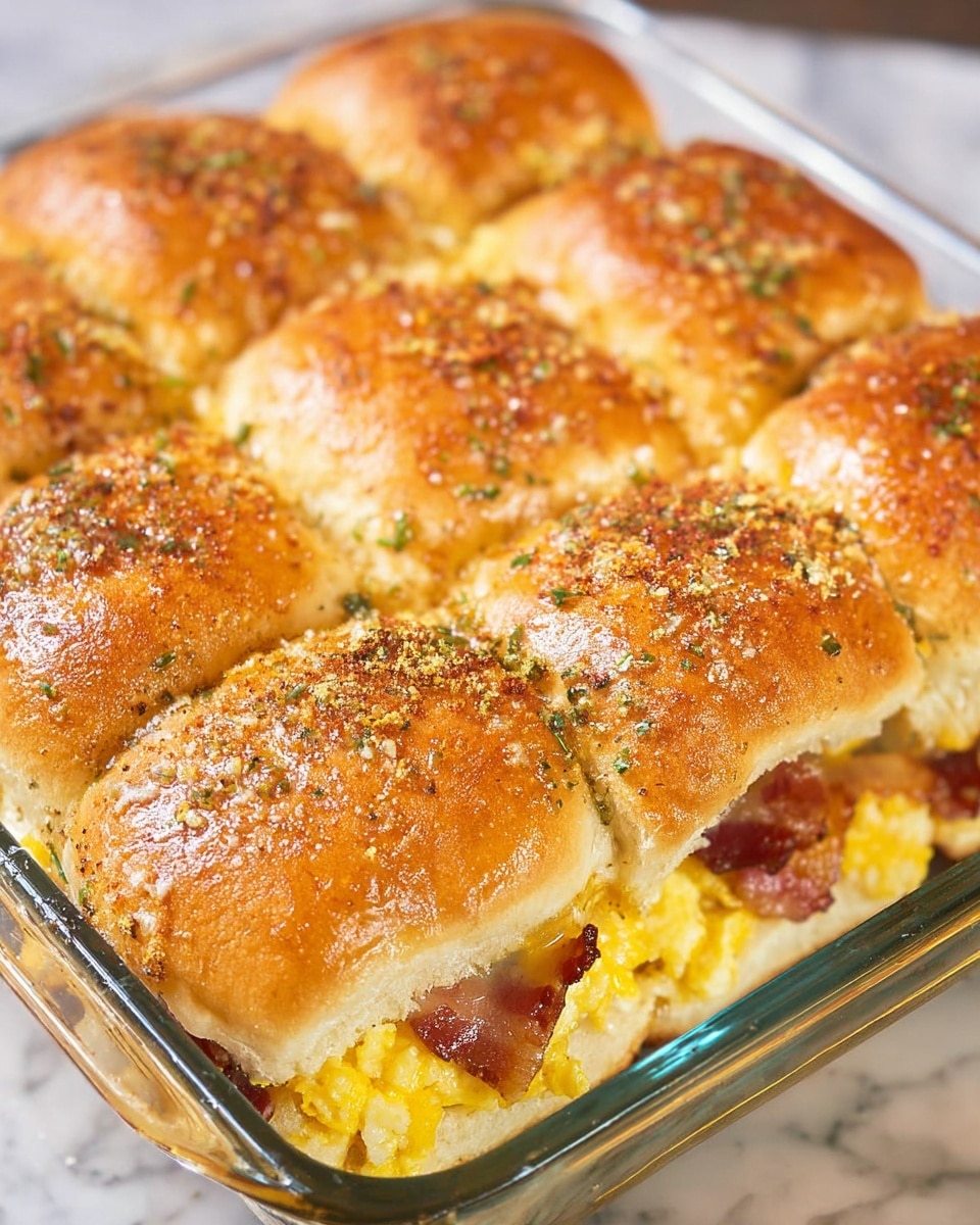 This image shows a close-up of a baked sandwich dish made of nine soft, golden-brown sandwich buns arranged in a 3x3 grid in a clear glass baking dish. Each bun has a shiny top sprinkled with a light mix of herbs, grated cheese, and spices. Inside each bun, there are visible layers of melted yellow cheese, scrambled eggs, and crispy strips of bacon, creating a colorful contrast with the brown and golden textures of the bread. The dish sits on a white marbled surface, emphasizing the warm colors and textures of the baked sandwiches. Photo taken with an iphone --ar 4:5 --v 7
