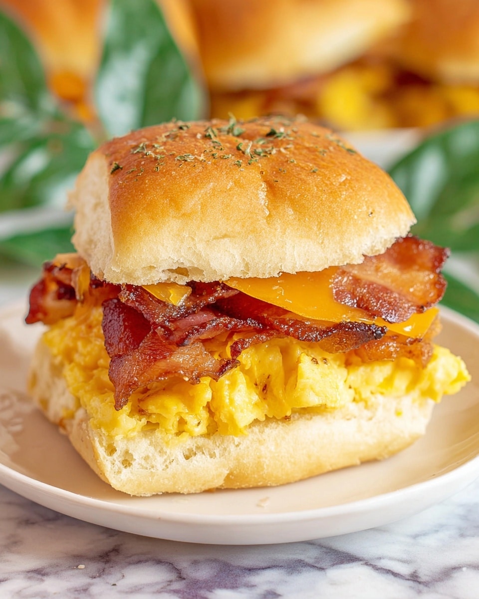 The image shows a breakfast sandwich on a soft, golden-brown sandwich roll with a slightly crisp top sprinkled with herbs. The sandwich has three visible layers: the bottom layer is fluffy yellow scrambled eggs, the middle layer is several strips of cooked bacon with a reddish-brown color and a slight crisp texture, and the top layer consists of melted cheddar cheese with an orange hue and slightly uneven edges. The sandwich rests on a white plate placed on a white marbled surface with parts of green leaves visible near the plate. Photo taken with an iphone --ar 4:5 --v 7