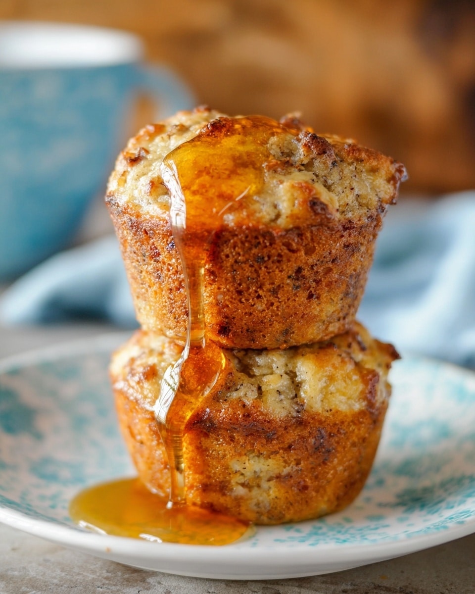 Two muffins are stacked on top of each other on a white plate with a light blue pattern. Both muffins have a rough, slightly golden-brown textured surface with visible bits of mixed ingredients inside. A shiny golden syrup is poured over the muffins, dripping down their sides and pooling on the plate. The background shows a blurred hint of blue and wooden tones, with the muffins and syrup in sharp focus against a white marbled texture. photo taken with an iphone --ar 4:5 --v 7