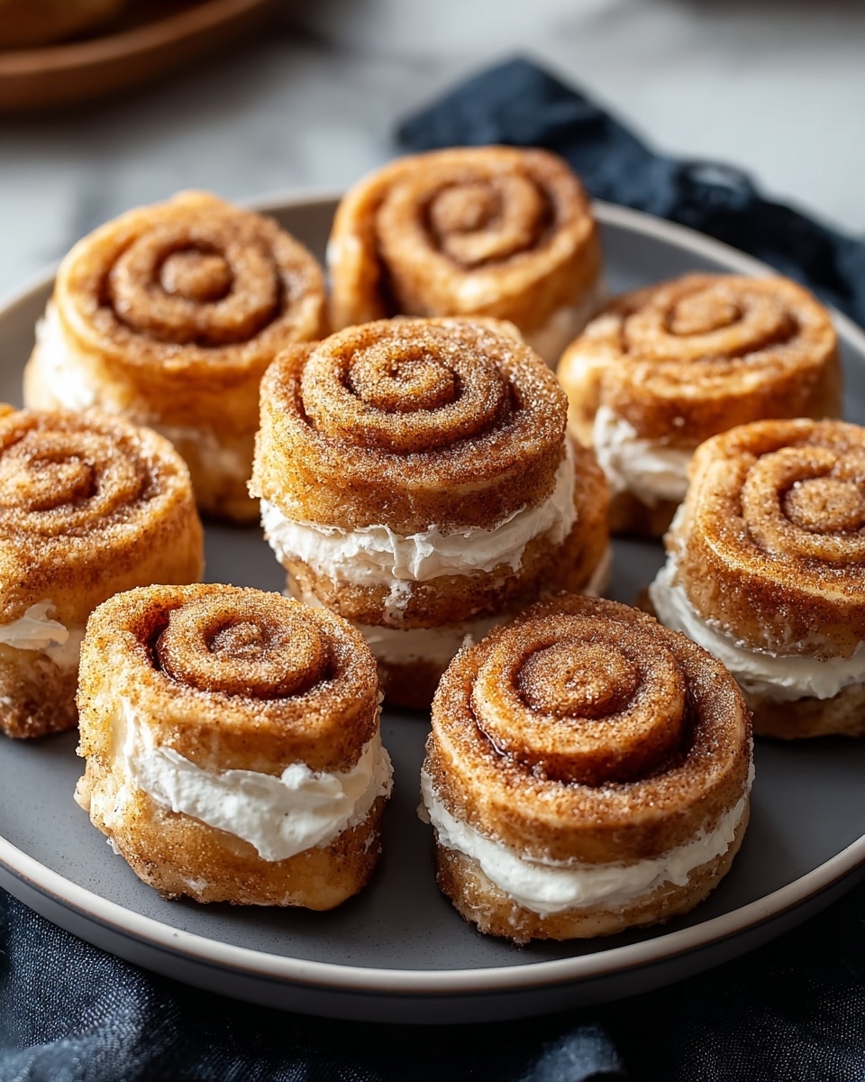 A round gray plate holds eight small cinnamon rolls arranged closely together in two layers. Each cinnamon roll has a golden-brown spiced outer layer with a slightly rough texture, and a white creamy filling sandwiched neatly in the middle. The rolls show a clear spiral pattern on top with a soft, fluffy appearance. The plate sits on a white marbled surface with a dark fabric cloth partially visible beneath it. Photo taken with an iphone --ar 4:5 --v 7
