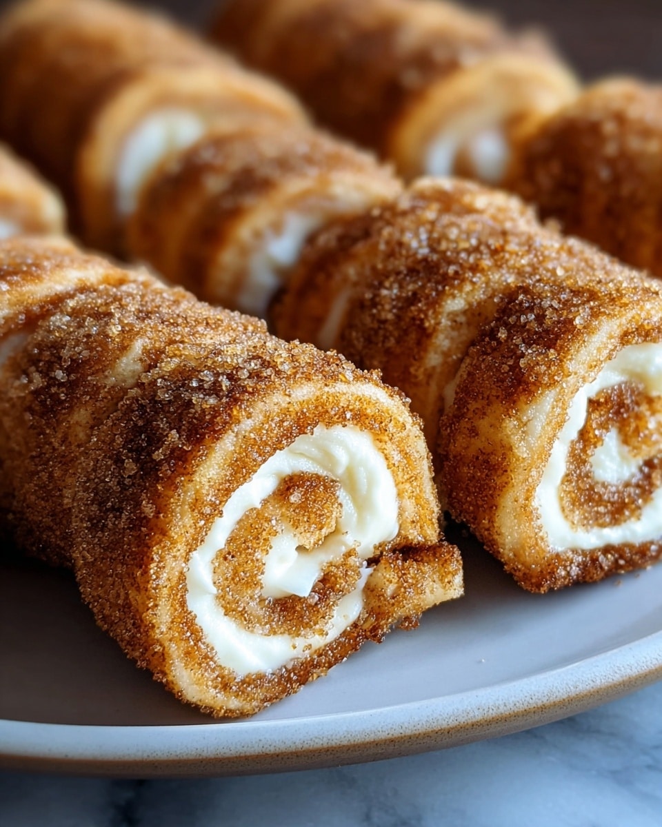 The image shows close-up of several rolled pastries arranged in a row on a white plate. Each roll has two visible layers: the outer layer is golden brown and textured with a coating of cinnamon and sugar, giving it a slightly rough and sparkly appearance; the inner layer is creamy white, smooth and soft, spiraled neatly inside the outer cinnamon layer. The rolls are positioned closely together, filling the plate. The white marbled surface under the plate is just barely visible at the bottom. The focus is sharp on the front rolls and softly fades toward the background. photo taken with an iphone --ar 4:5 --v 7