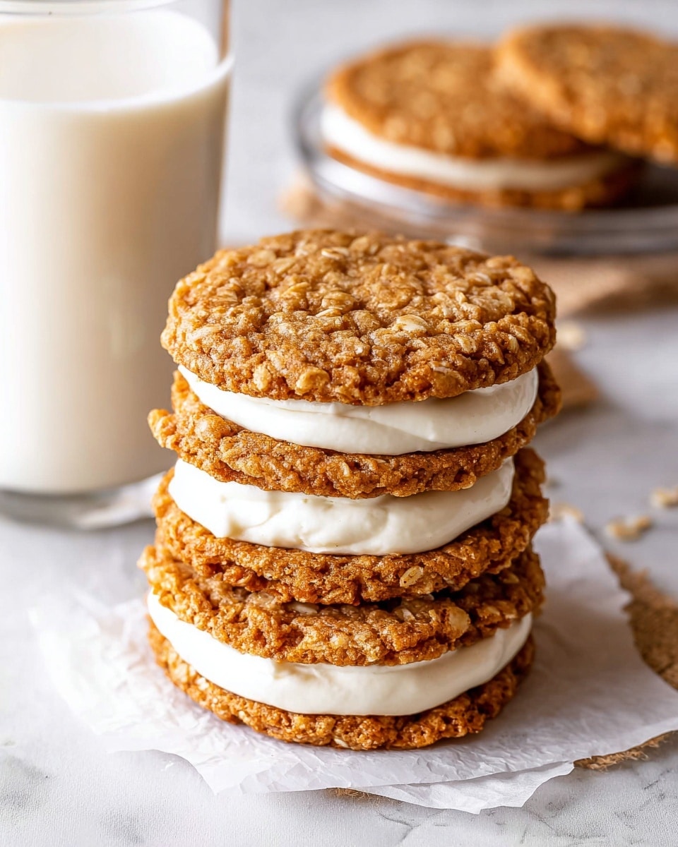 A stack of three oatmeal cream pies sits on white parchment paper, each with two golden-brown textured oatmeal cookie layers sandwiching a thick, smooth white cream filling in the middle. The cookies have a slightly rough, bite-textured surface with visible oats. In the background, there is a clear glass filled with milk and a blurred view of another oatmeal cream pie on a clear plate. The scene is set on a white marbled surface. Photo taken with an iphone --ar 4:5 --v 7