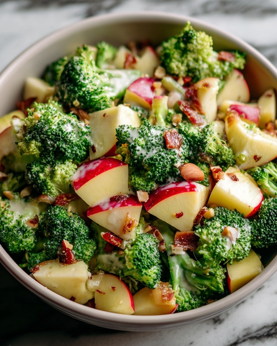 A close-up view of a colorful salad in a white bowl, filled with bright green broccoli florets mixed with light yellow and red apple chunks, topped with small pieces of brown nuts and drizzled lightly with a creamy dressing. The broccoli is fresh with a bumpy texture, and the apple pieces show smooth, shiny skin. The bowl sits on a white marbled surface, making the colors of the salad pop vividly. photo taken with an iphone --ar 4:5 --v 7