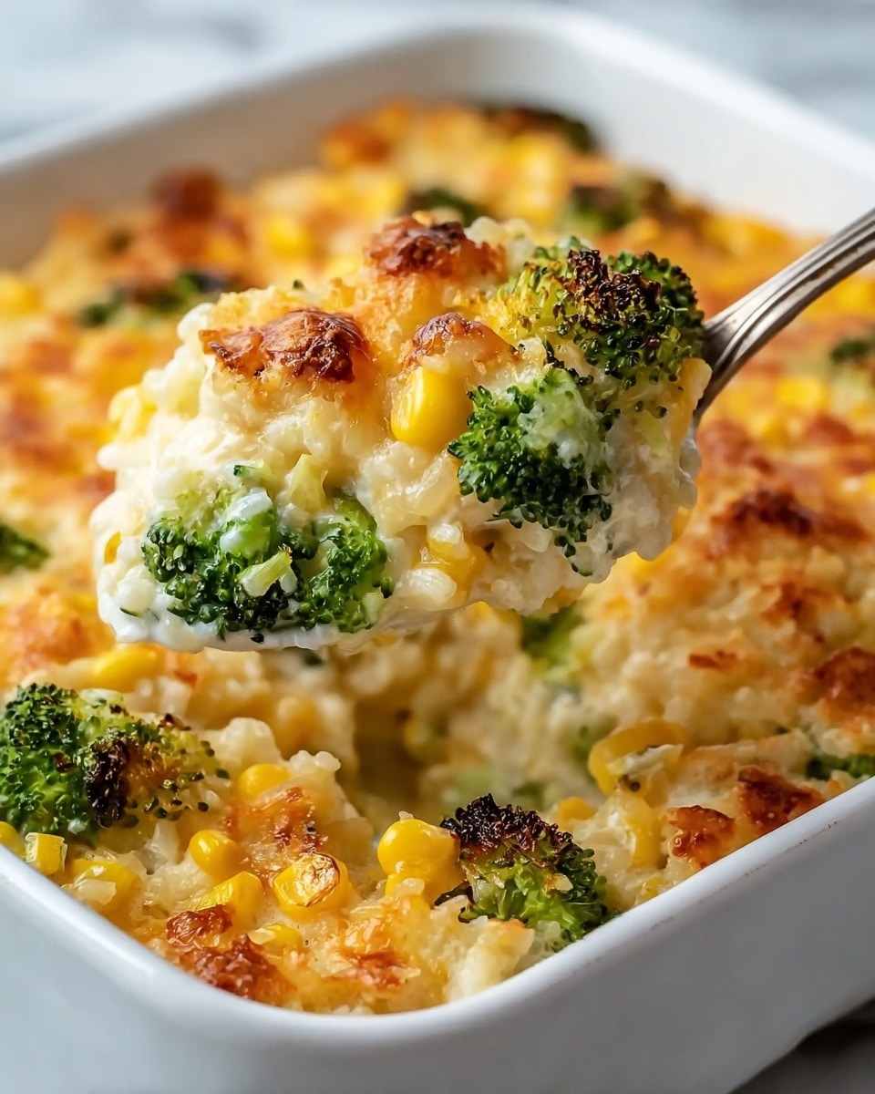 This dish is a baked casserole with a creamy, cheesy texture. The base layer is soft rice mixed with melted cheese giving it a light yellow color. Scattered throughout are bright green broccoli florets and golden yellow corn kernels, adding bursts of color and texture. The top layer is browned and crispy cheese with some golden spots, creating a slightly crunchy surface. A spoon is lifting a portion, showing the mix of creamy rice, broccoli, and corn inside a white baking dish, all set against a white marbled background. photo taken with an iphone --ar 4:5 --v 7