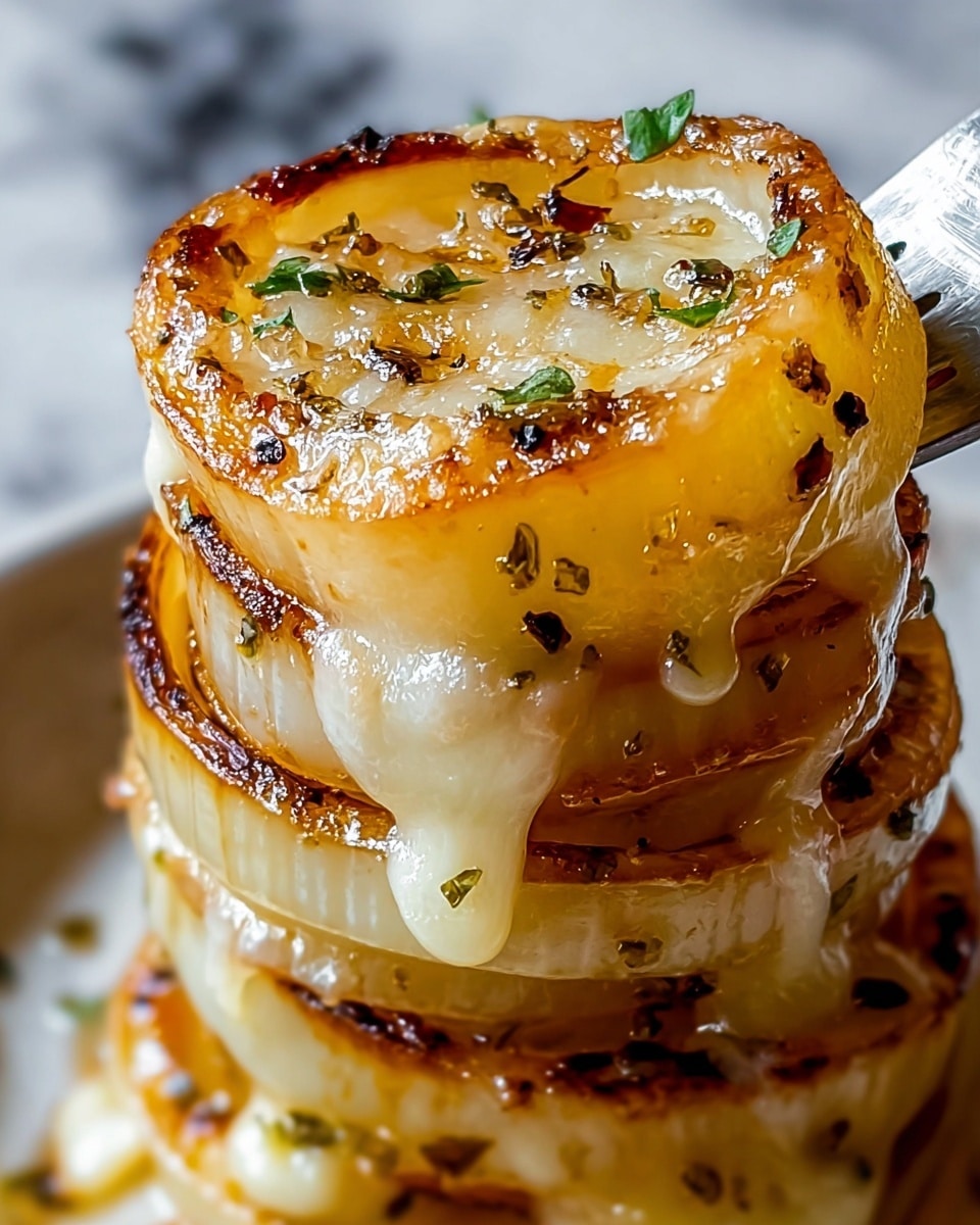 A close-up of a stack of three grilled onion rings with melted cheese oozing between the layers, each onion ring showing a golden brown charred edge and a translucent white color inside. The top layer is sprinkled with small black pepper flakes and tiny green herb pieces, adding color contrast. The cheese looks gooey and creamy as it drips down the sides. The background features a white marbled texture, and a silver fork is visible holding the stack from the right side. photo taken with an iphone --ar 4:5 --v 7