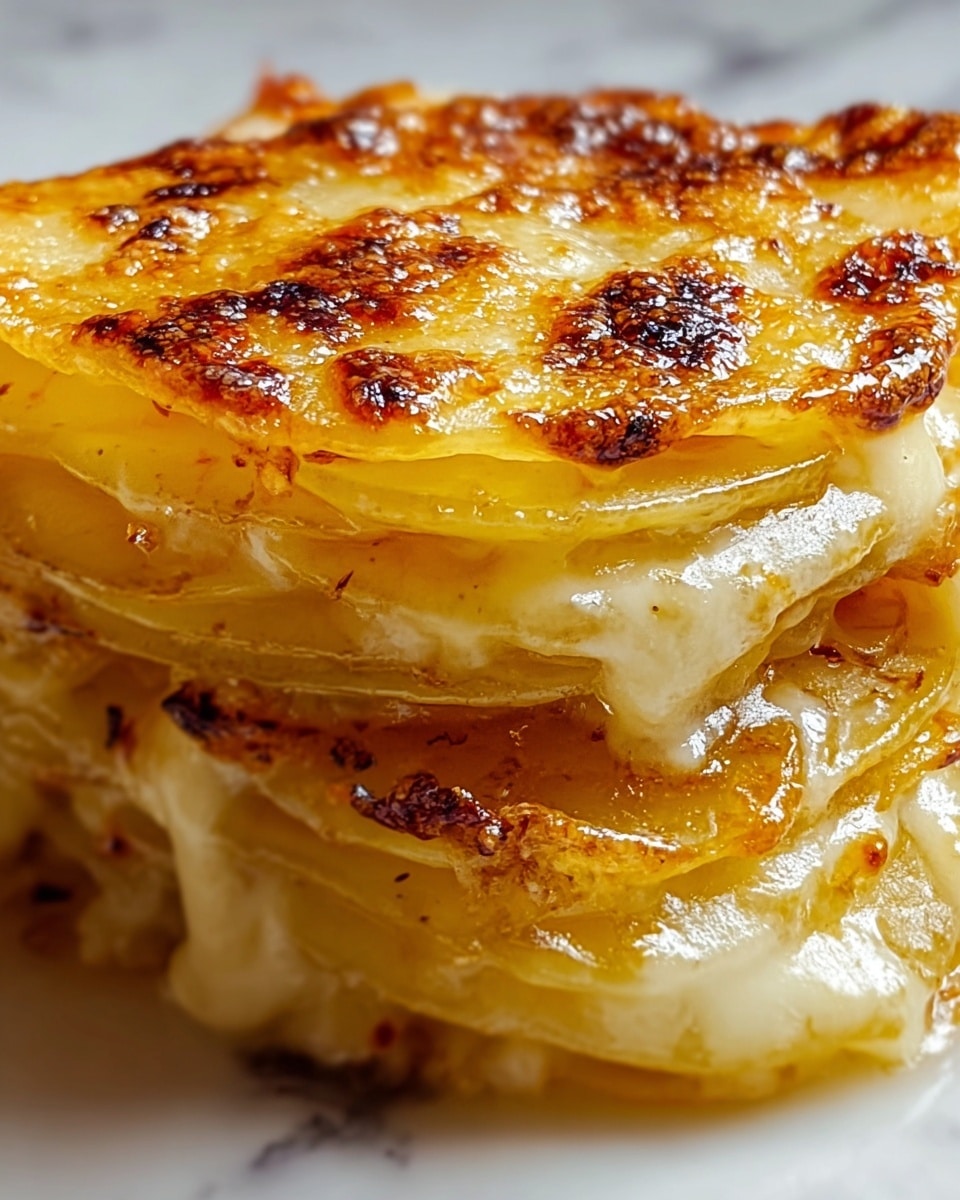 A close-up of two layers of crispy gratin potatoes stacked on top of each other, each consisting of thin, light golden yellow potato slices soaked in creamy white cheese sauce that is bubbling and melting around the edges; the top of the layers is golden brown and slightly burnt with a crunchy texture, showing small browned cheese spots and a shiny, gooey surface. The dish rests on a white surface with a white marbled texture that reflects the warm yellow and brown tones beautifully. photo taken with an iphone --ar 4:5 --v 7