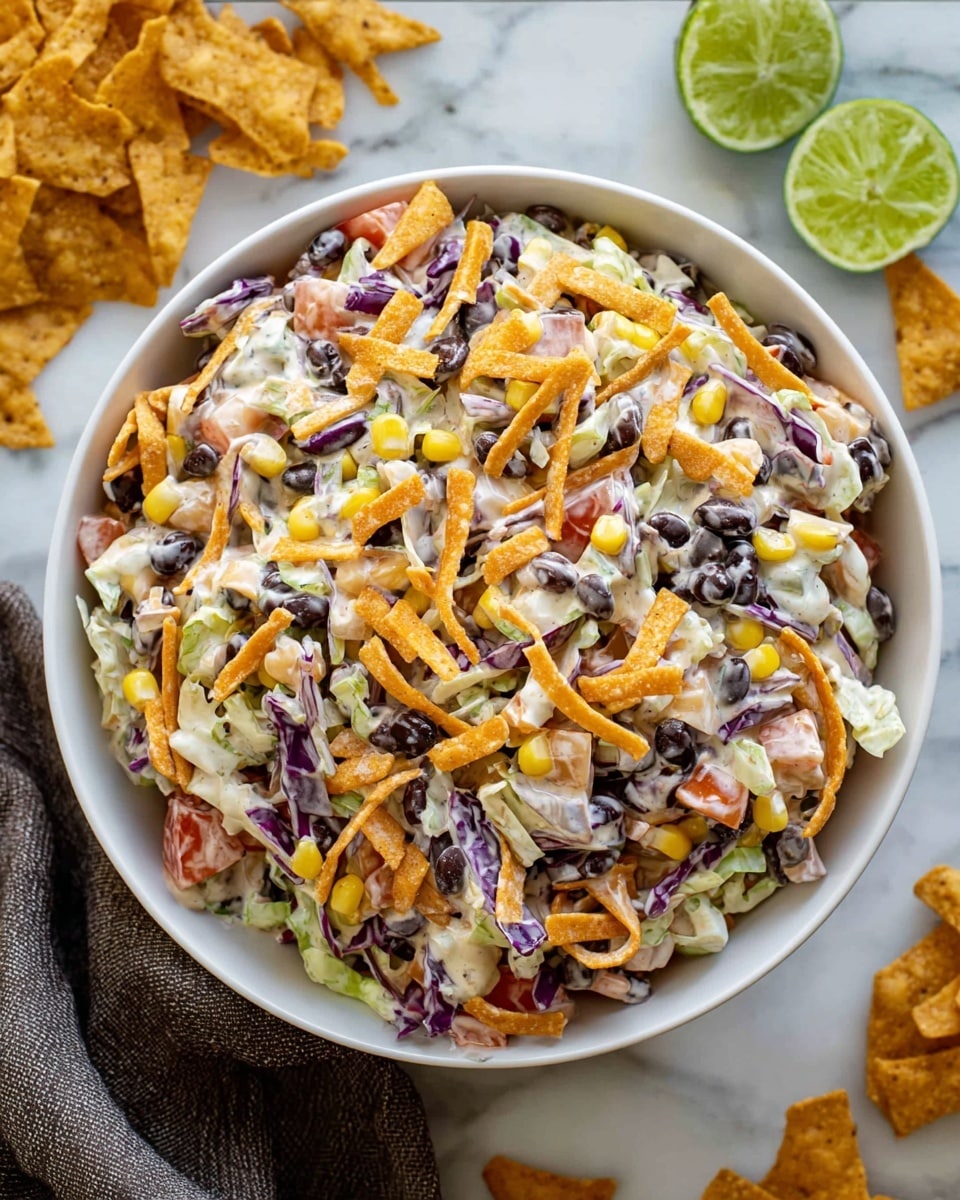 A white bowl filled with a colorful salad made of multiple layers including black beans, yellow corn kernels, thinly sliced purple cabbage, shredded white cabbage, small diced red tomatoes, and orange spiralized carrots, all mixed with a creamy dressing that coats the ingredients. Scattered on top and within the salad are crunchy orange tortilla chip pieces, adding texture and color contrast. The bowl sits on a white marbled surface with some tortilla chips and a half lime nearby, with a partially visible dark cloth underneath the bowl. photo taken with an iphone --ar 4:5 --v 7