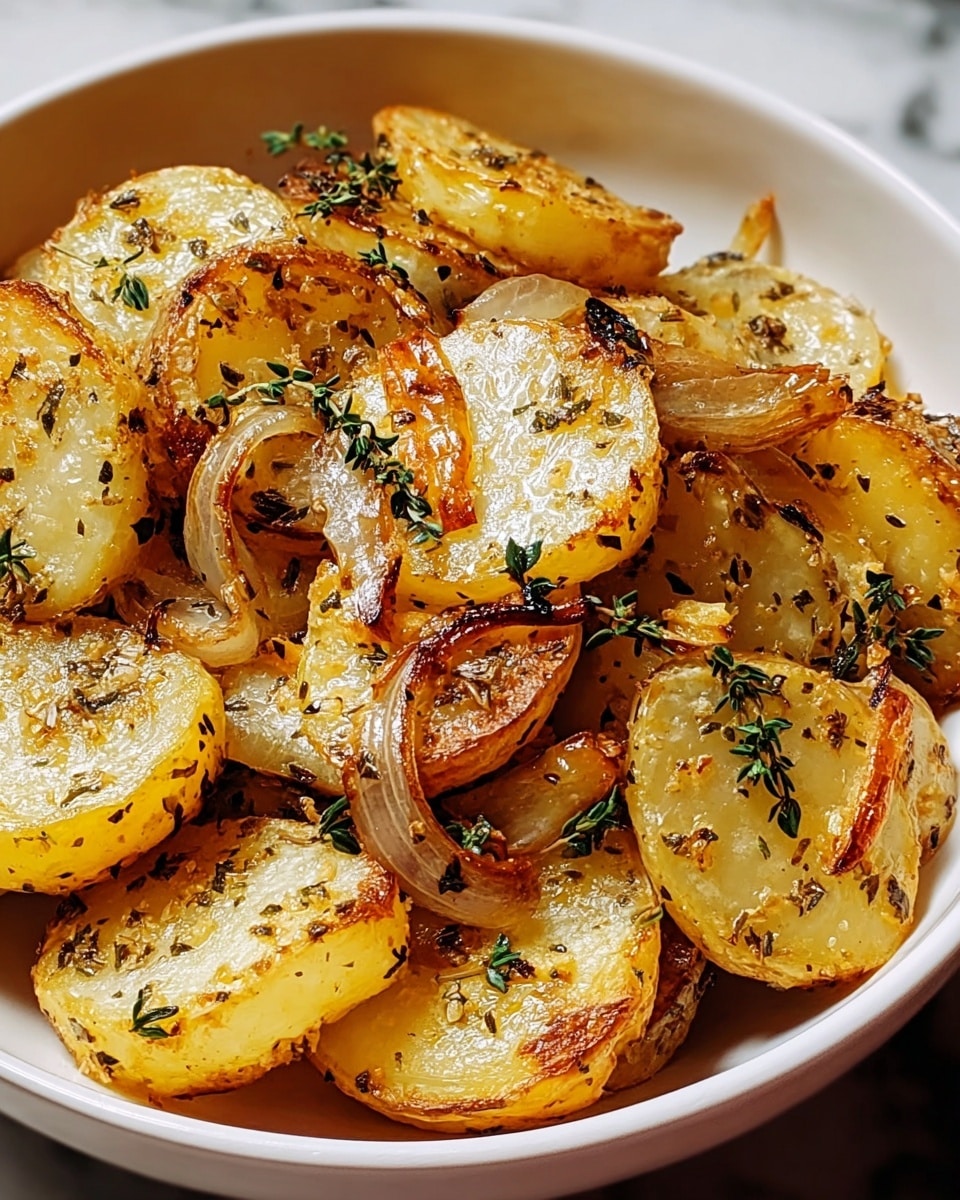 The image shows a white bowl filled with roasted potato slices that have a golden-brown color on the edges and soft, pale yellow centers. Each potato slice is seasoned with visible small black and green herbs spread all over. Some slices have caramelized onions resting on top, adding a light brown translucent texture. Sprigs of fresh green thyme are scattered over the potatoes, contributing a fresh touch to the warm colors. The bowl sits on a white marbled surface. photo taken with an iphone --ar 4:5 --v 7