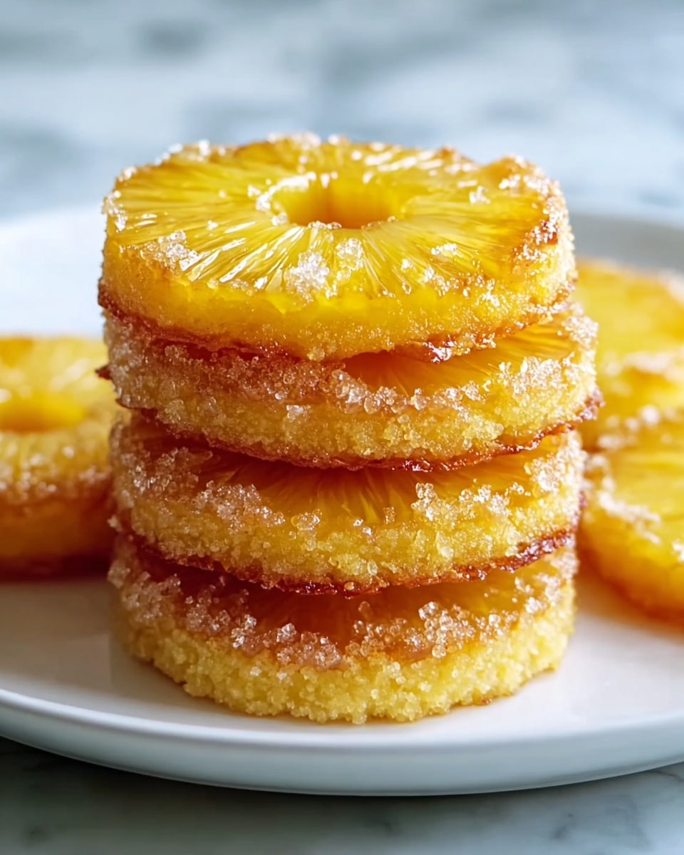 A stack of four round pineapple upside-down cakes sits at the center of a white plate on a white marbled surface. Each cake layer has a bright, glossy yellow pineapple slice on the top with a slightly caramelized texture shining under light, and the edges are coated with a layer of coarse sugar crystals that sparkle and add texture. The cakes are golden yellow with a soft, crumbly appearance at the sides, and two single pineapple cakes rest flat on the plate, slightly out of focus in the background. Photo taken with an iphone --ar 4:5 --v 7